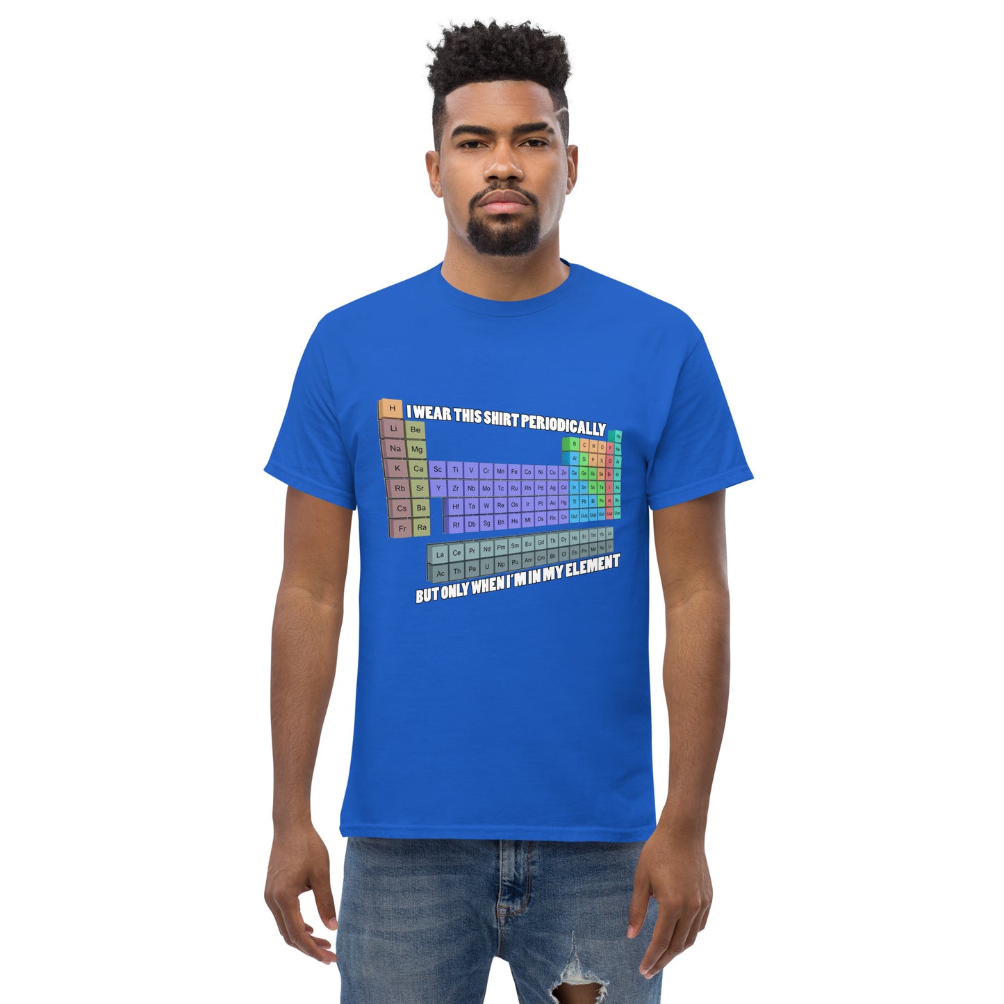 Man with royal blue t-shirt with Mendelev's table