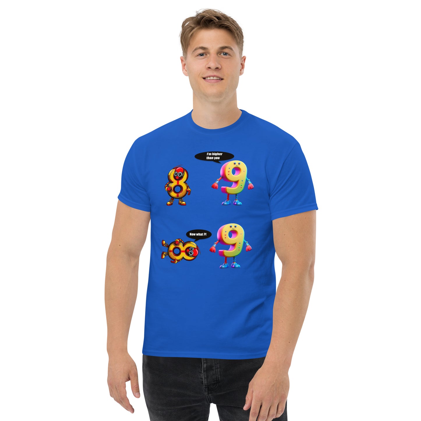 Man with royal blue t-shirt with picture of 8 and 9 having a discussion