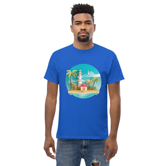 Man with royal blue t-shirt with picture of lighthouse and palm trees