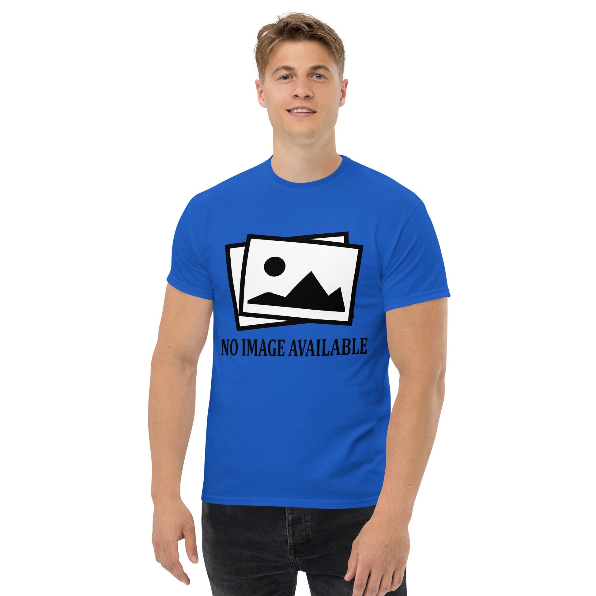 Men with royal blue t-shirt with image and text "no image available"