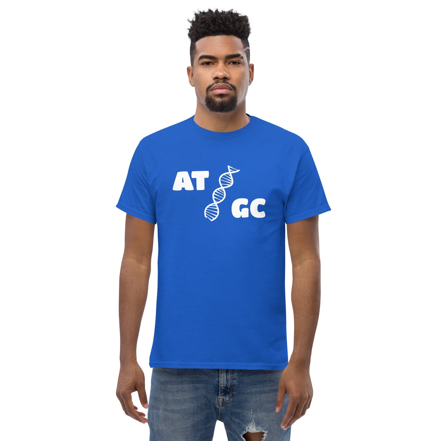 Men with royal blue t-shirt with image of a DNA string and the text "ATGC"