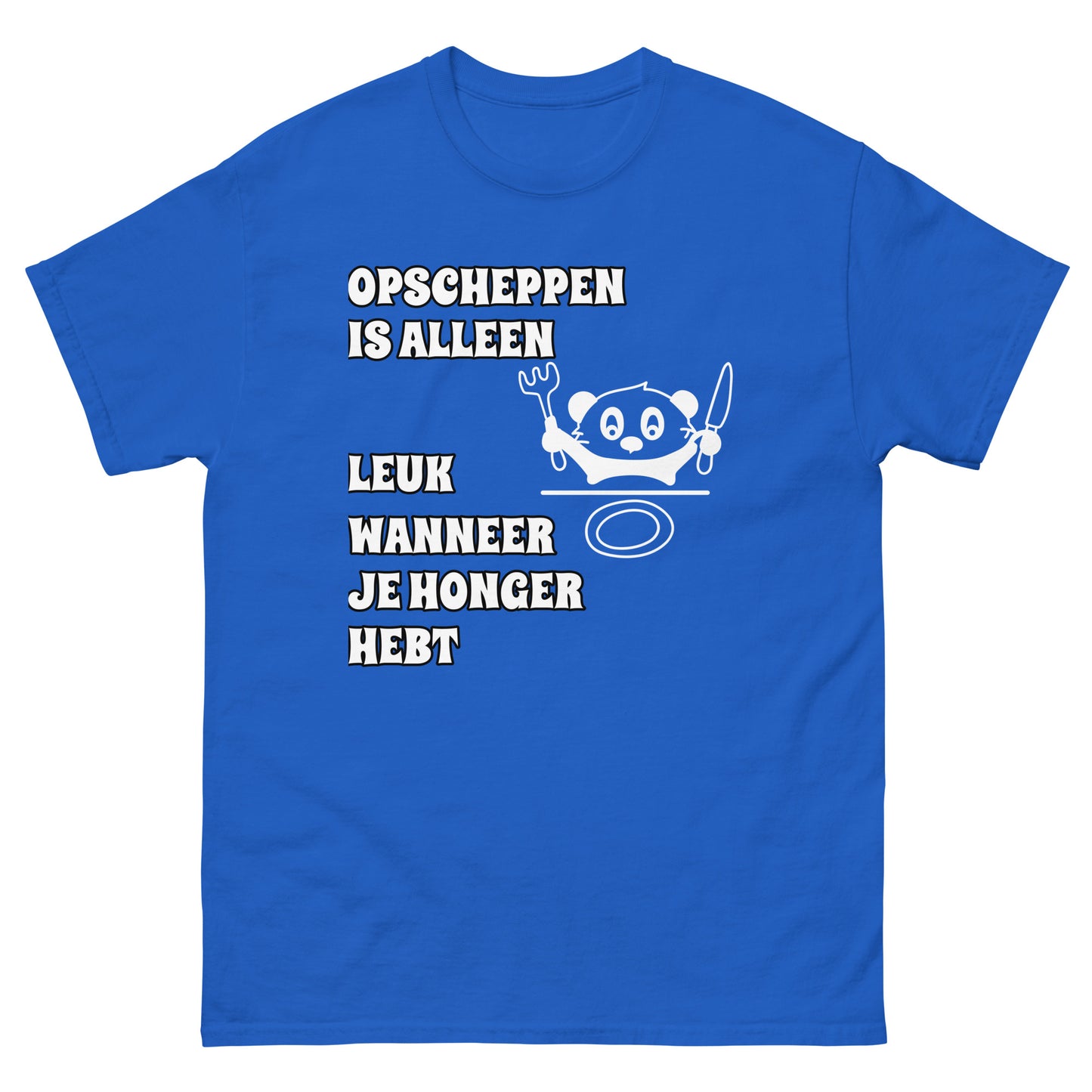 blauwe T-shirt met tekst “opscheppen is alleen leuk wanneer je honger hebt”