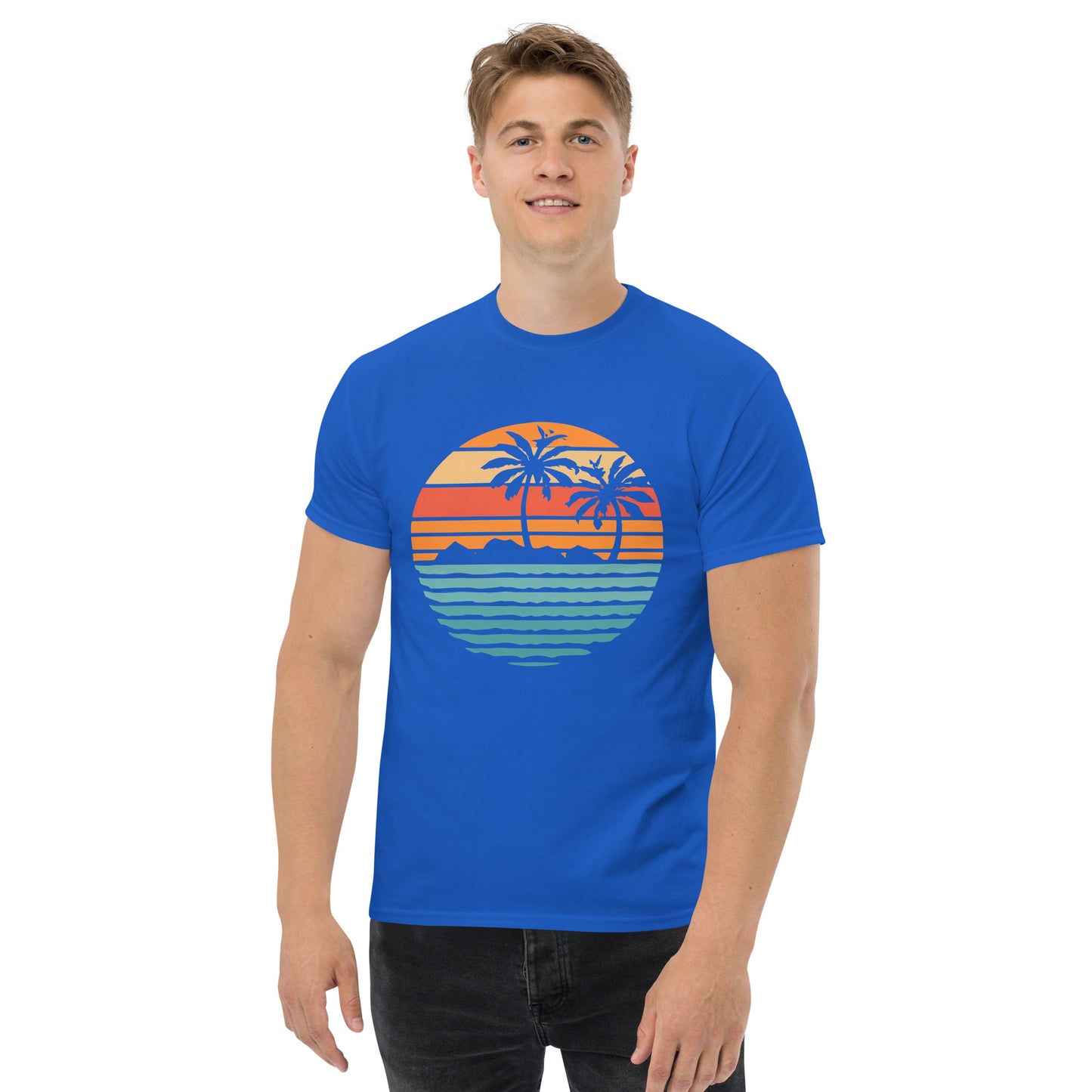Men with royal blue T-shirt and a retro Island