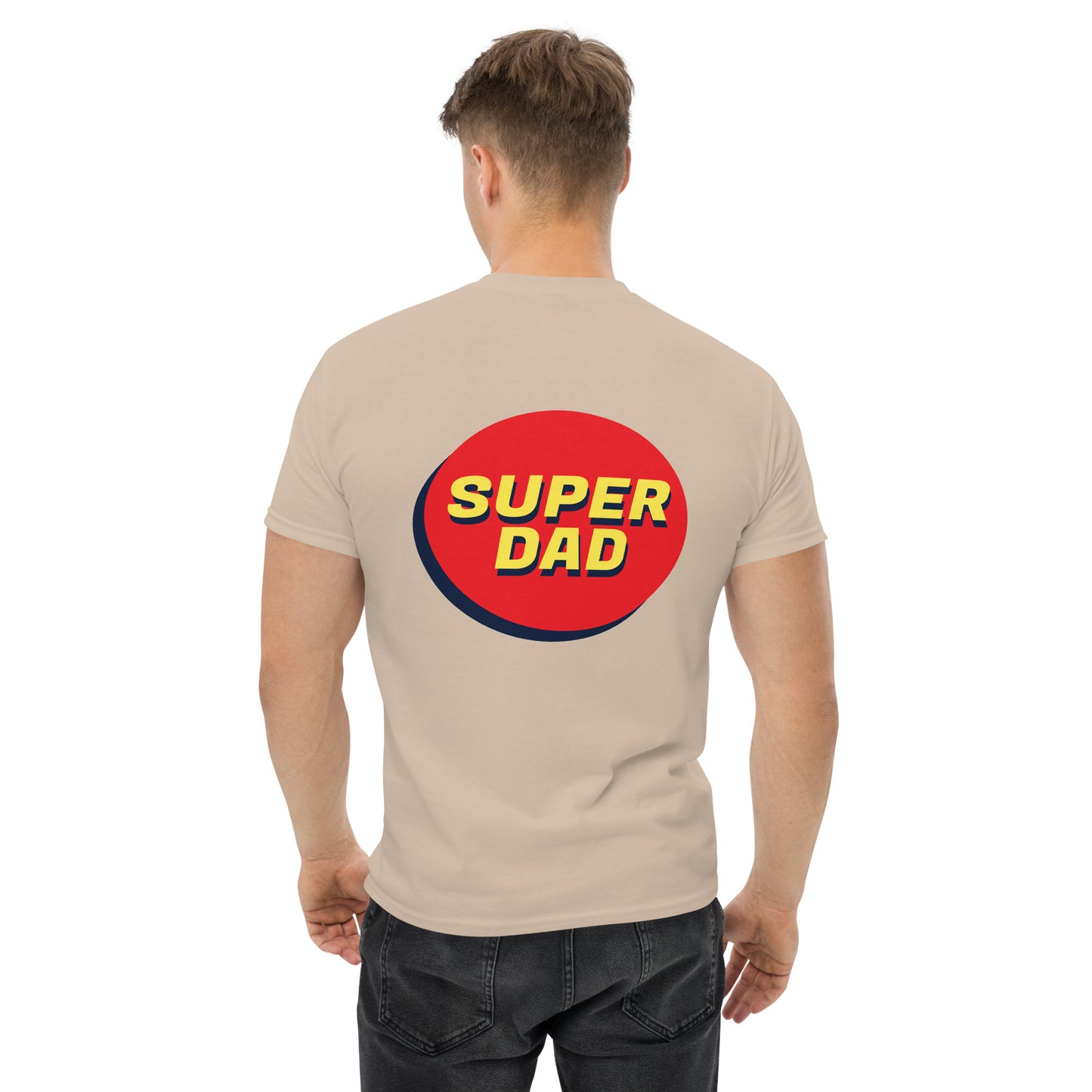 Men with sand T-shirt and Super dad on the back