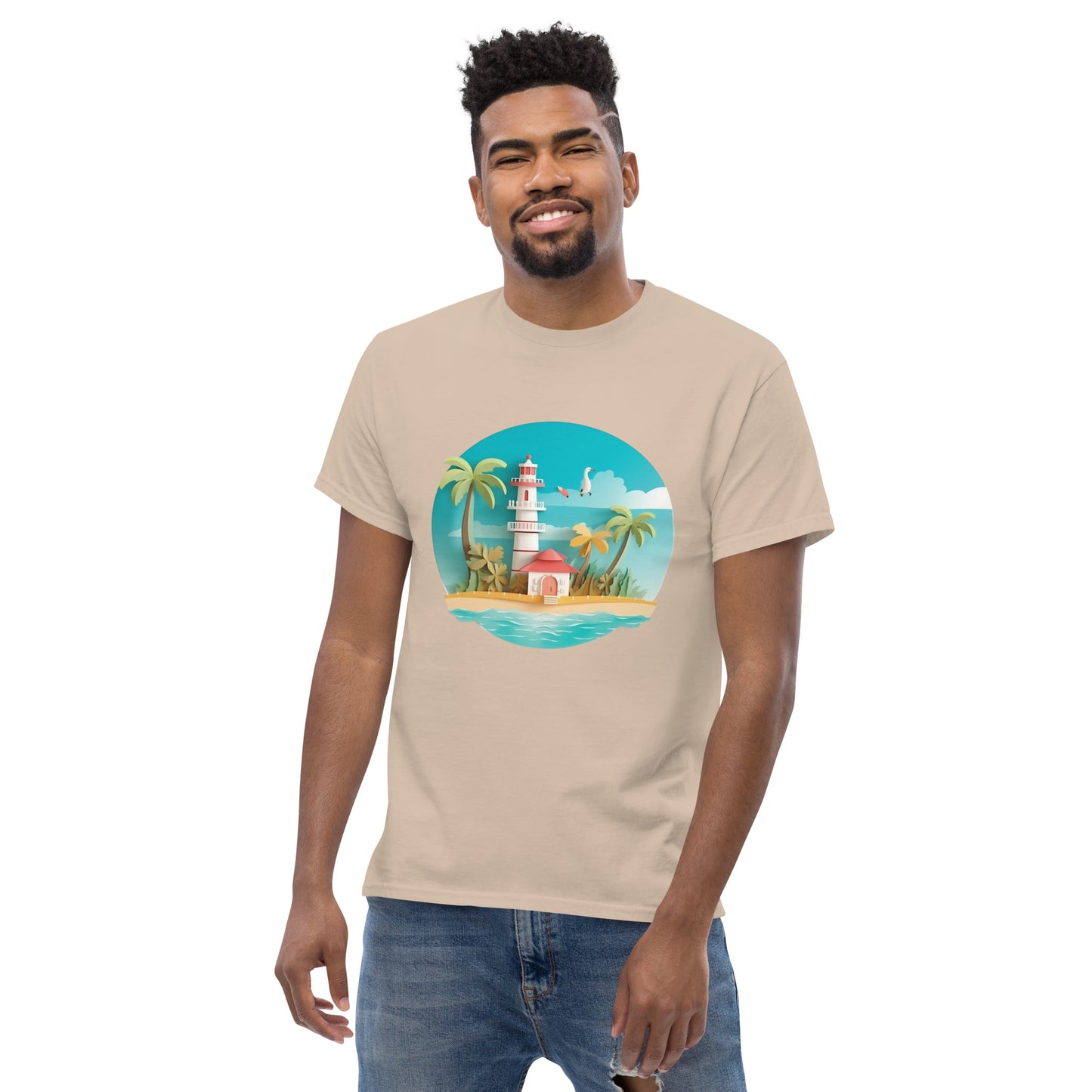 Man with sand t-shirt with picture of lighthouse and palm trees