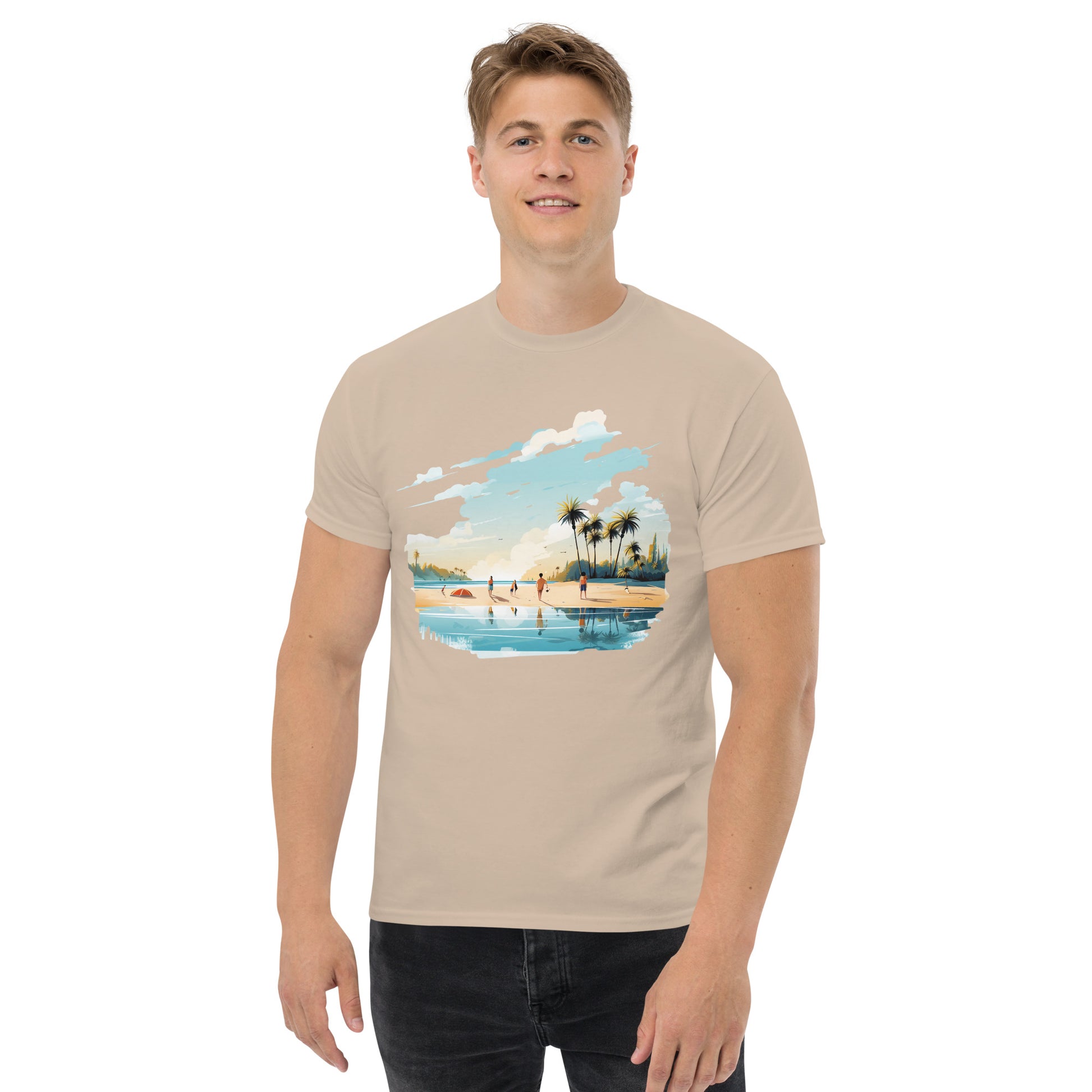 Men with sand T-shirt and a picture of a island with sea and sand