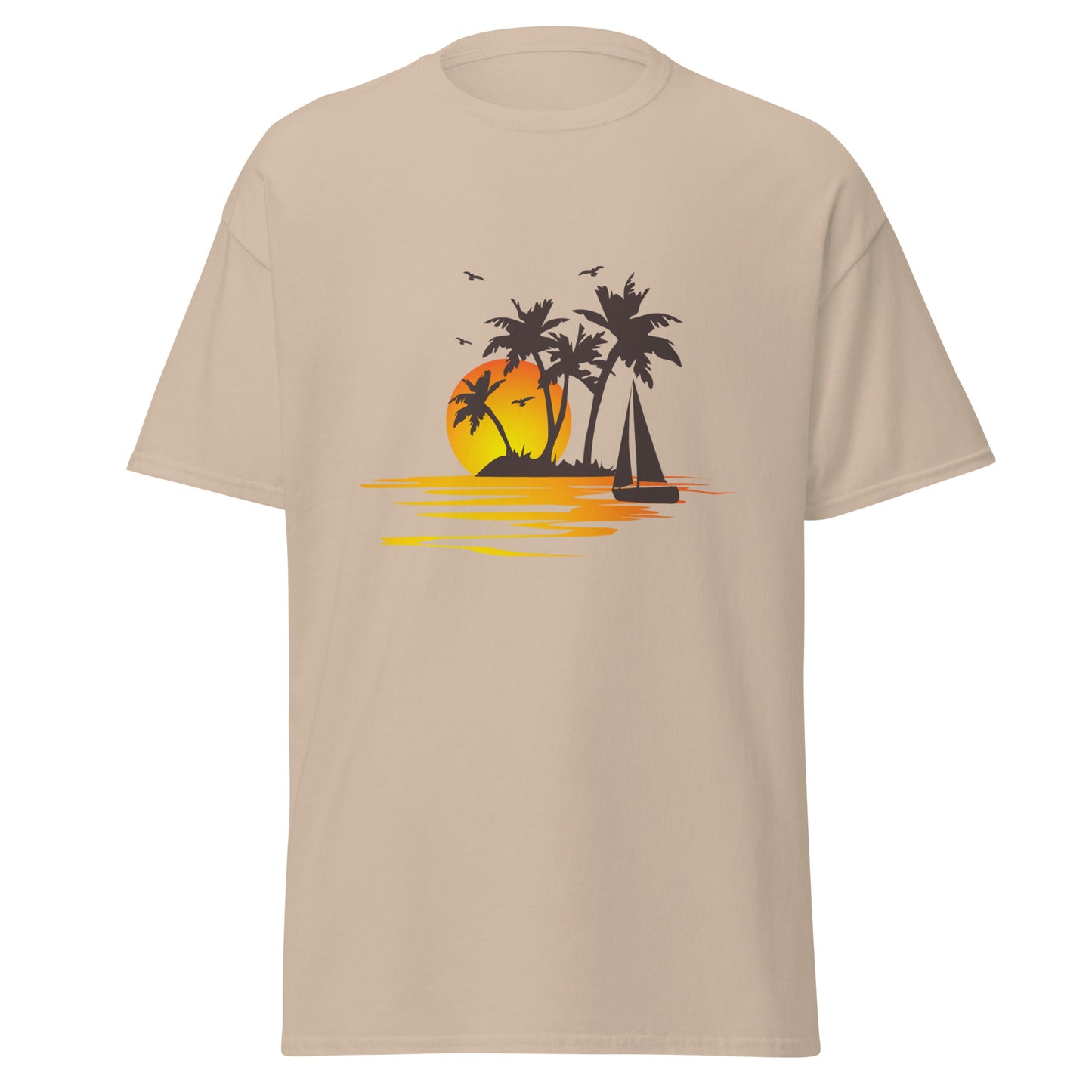 Sand T-shirt for men with a picture of sunset, palm trees and sailboat