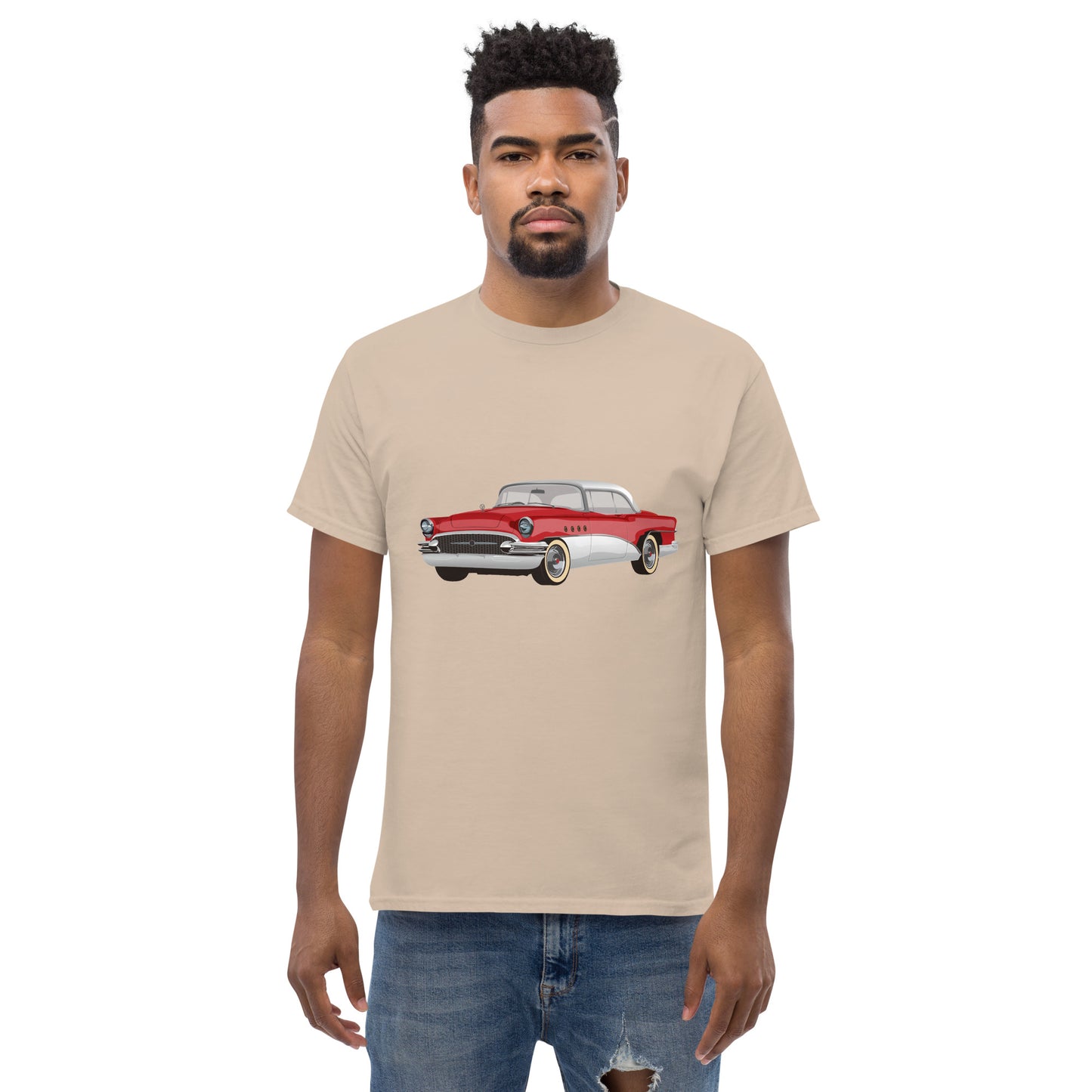 Men with sand t-shirt with red Chevrolet