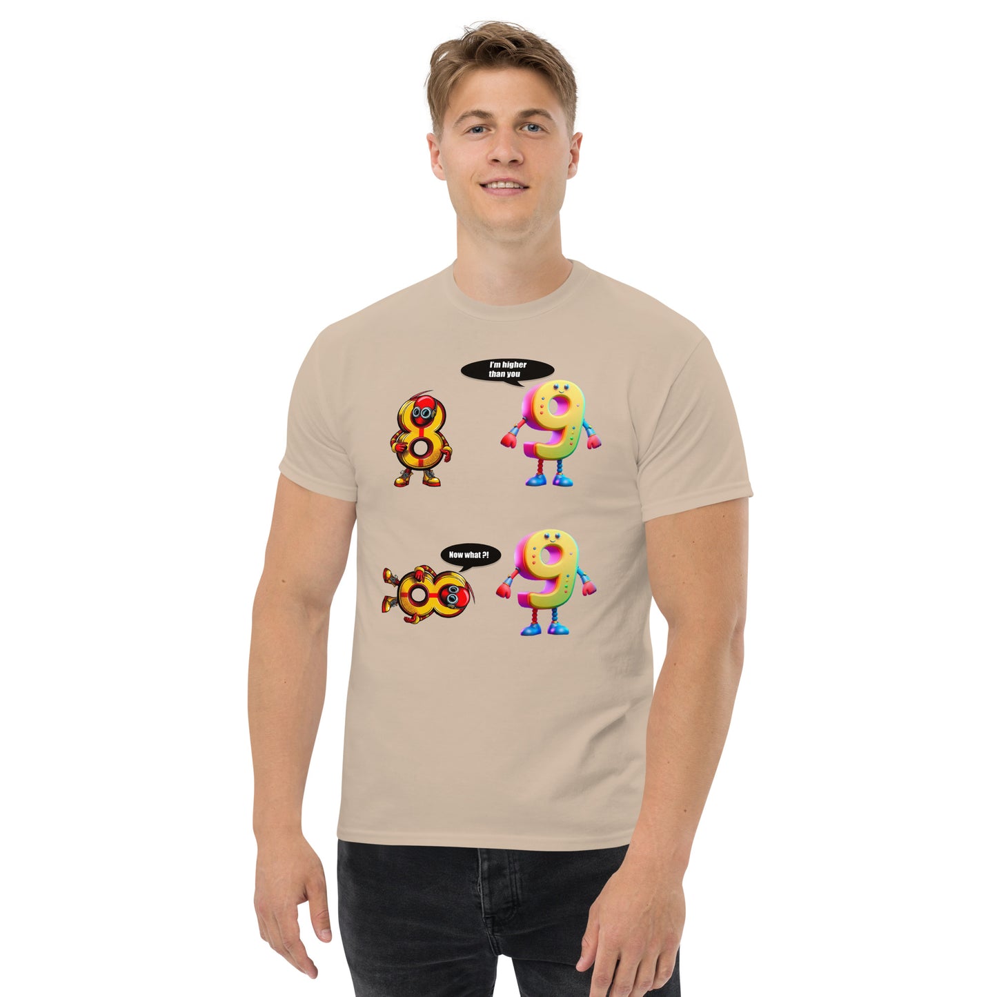 Man with sand t-shirt with picture of 8 and 9 having a discussion 