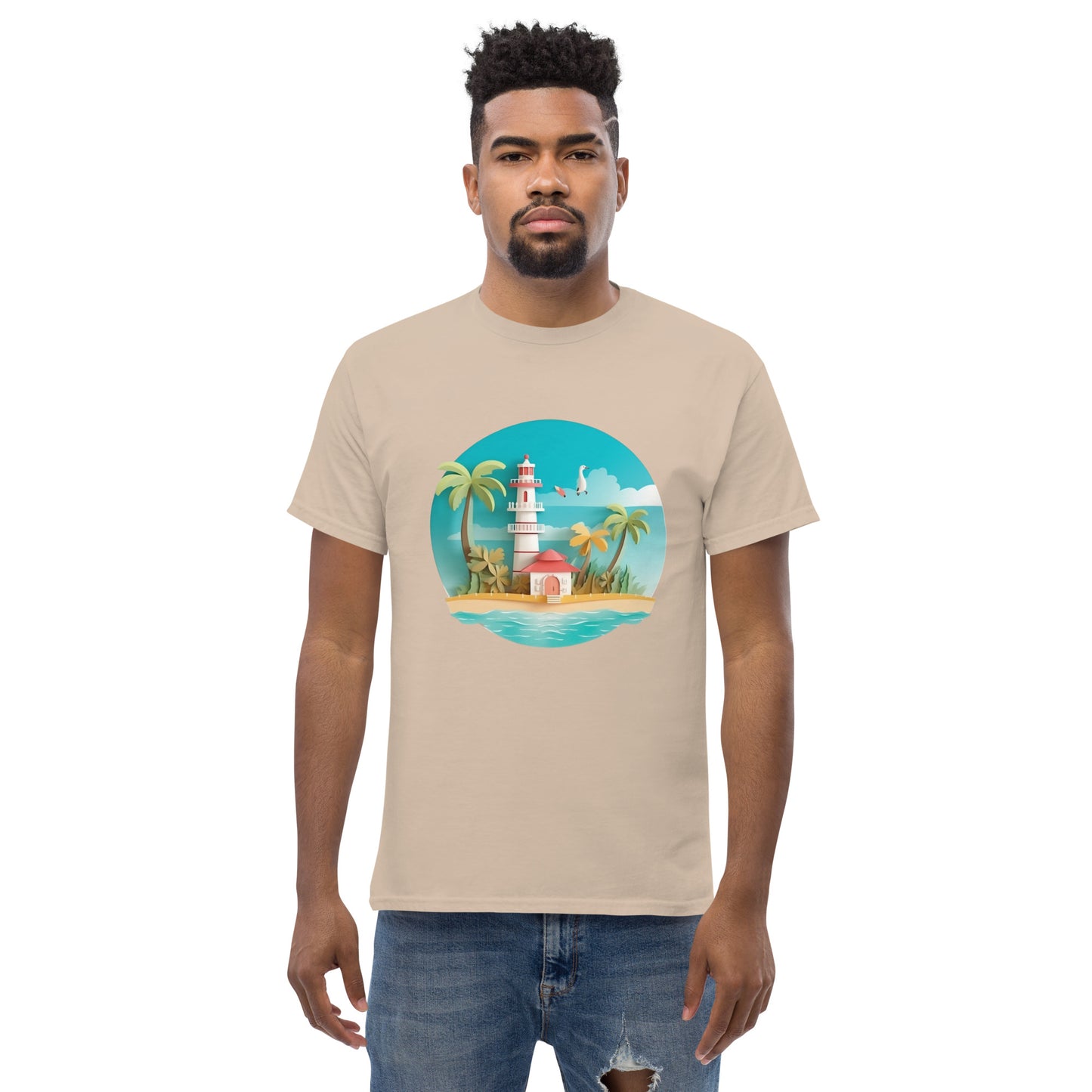 Man with sand t-shirt with picture of lighthouse and palm trees
