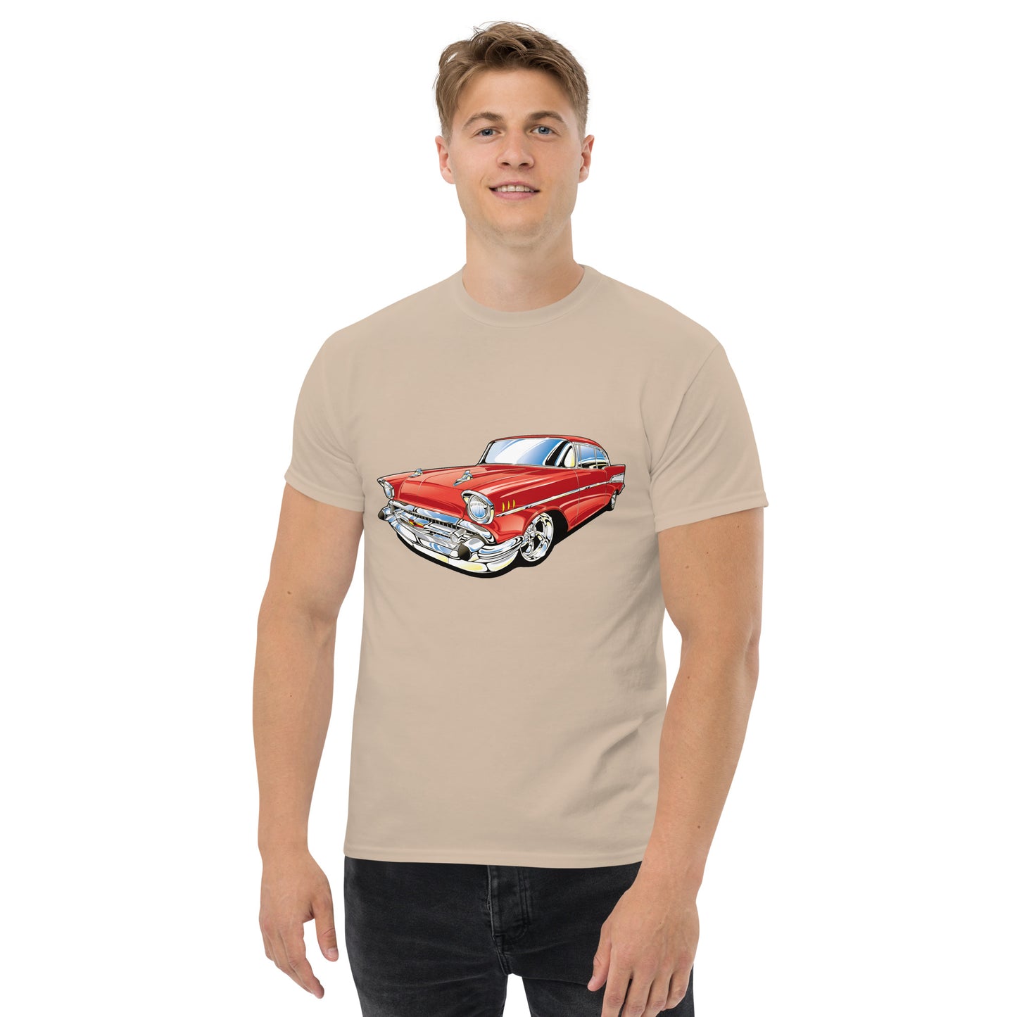 man with sand t-shirt with picture of red Chevrolet Bell air