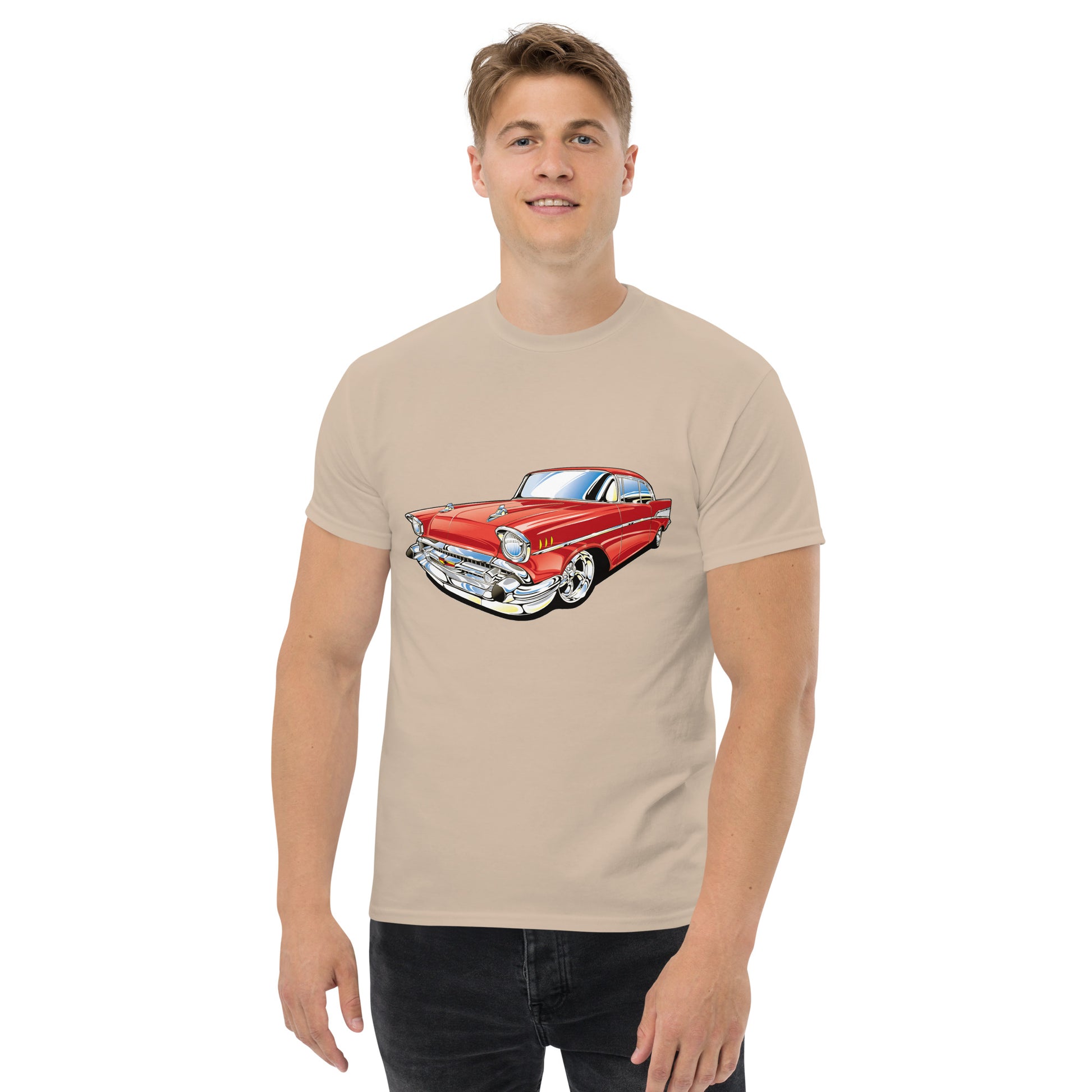 man with sand t-shirt with picture of red Chevrolet Bell air  