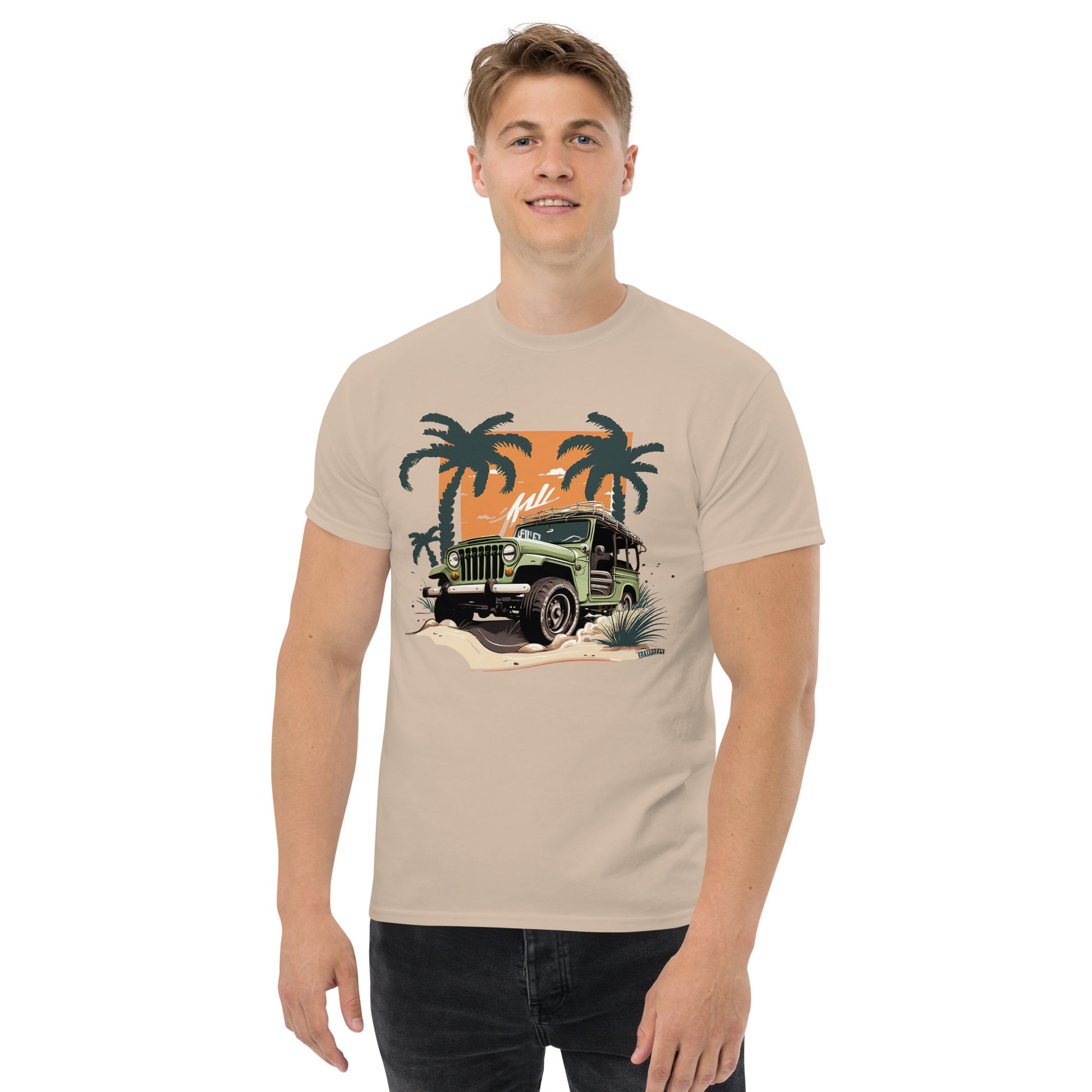 man with sand t-shirt with picture of jeep in front of palm trees 