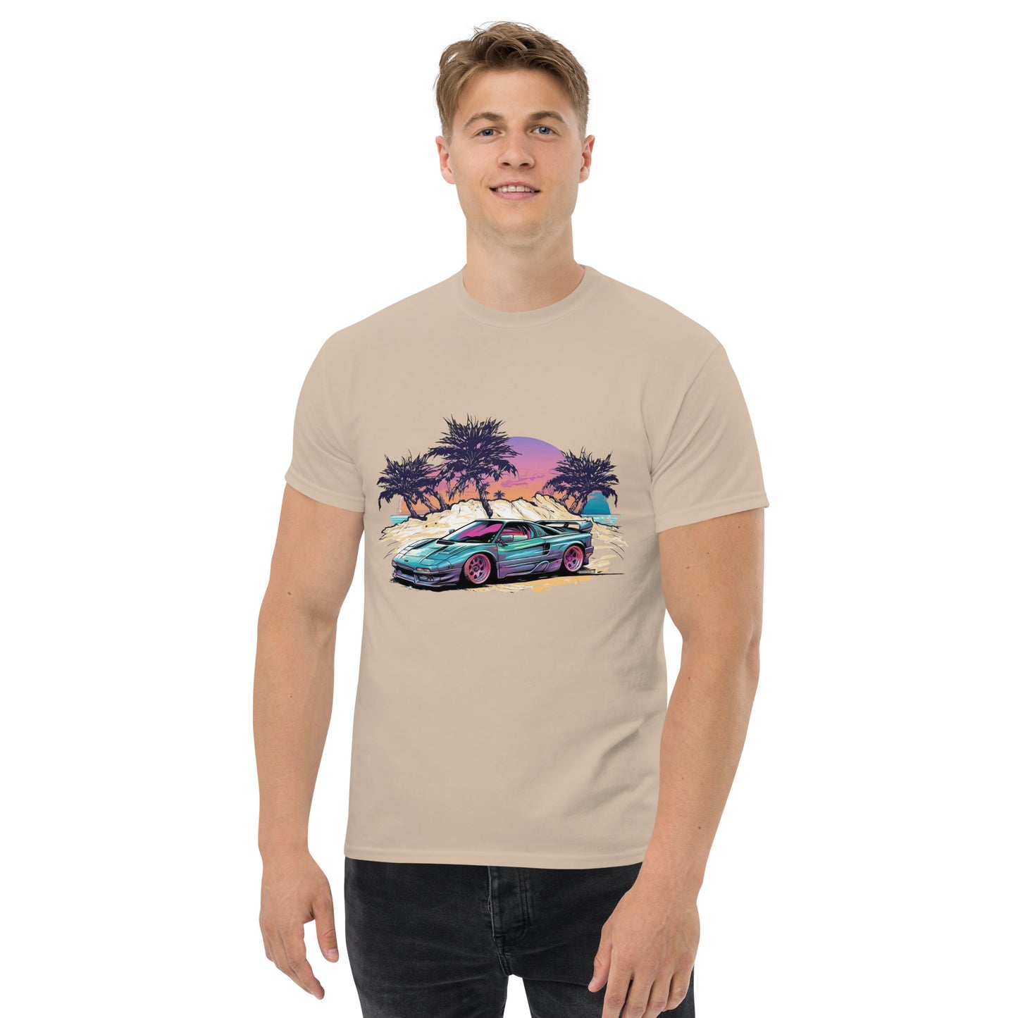man with sand t-shirt with picture of vintage car in front of palm trees 
