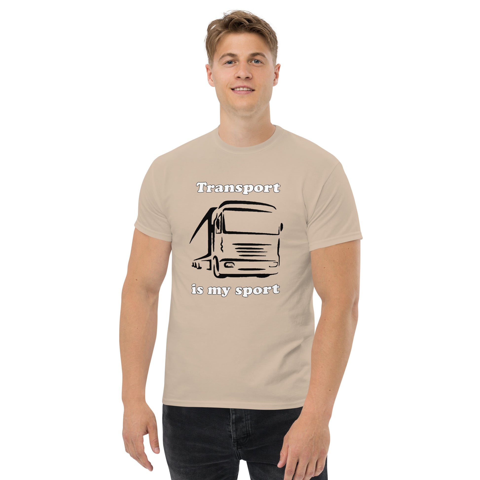Man with sand t-shirt with picture of truck and text "Transport is my sport"