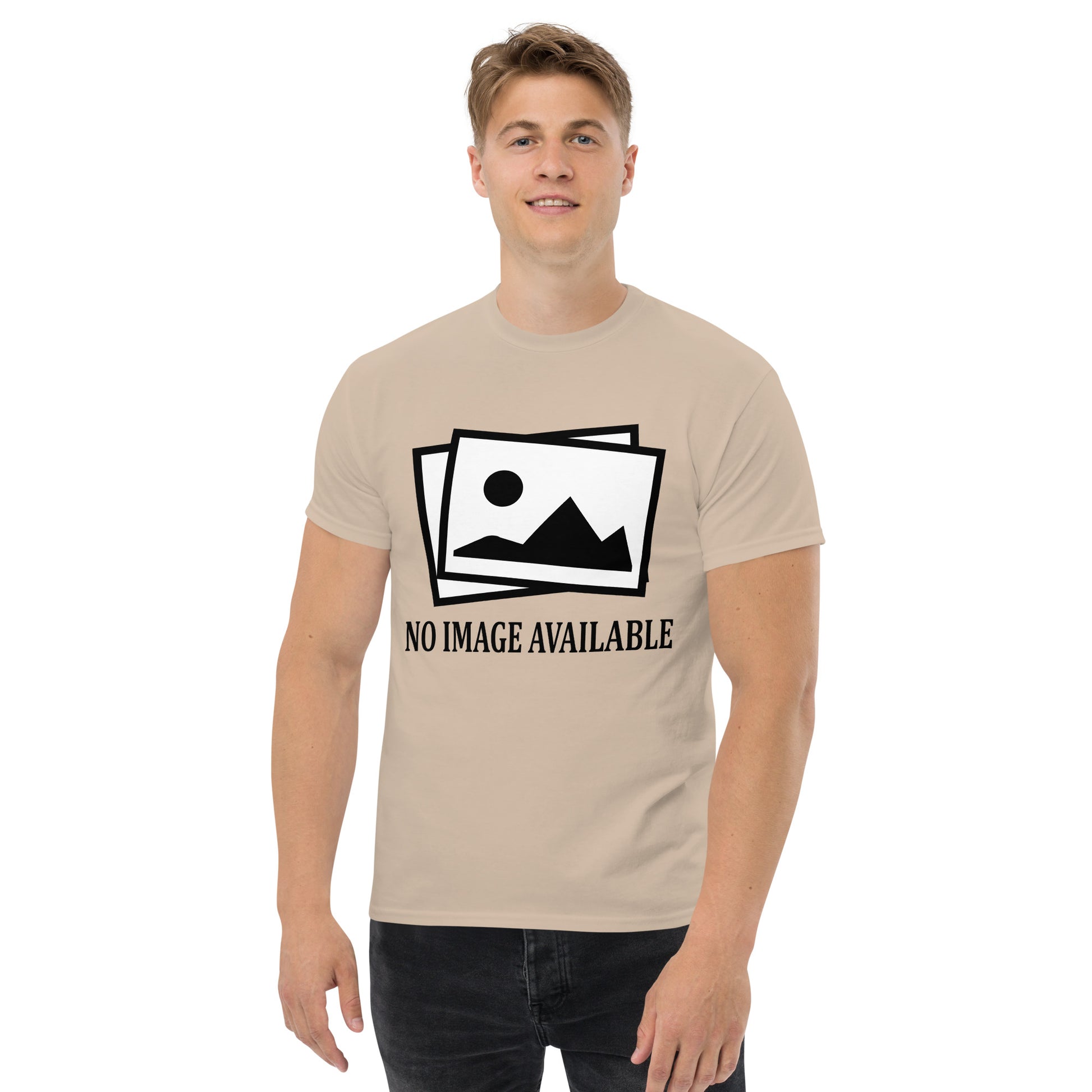Men with sand t-shirt with image and text "no image available"