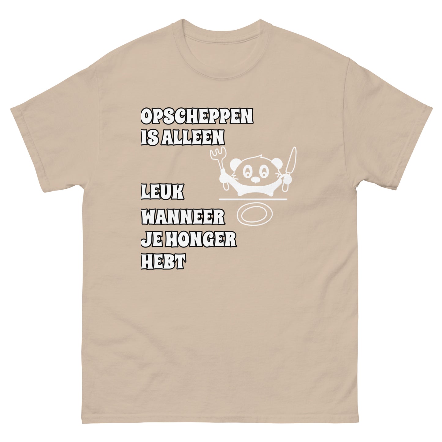 licht bruine T-shirt met tekst “opscheppen is alleen leuk wanneer je honger hebt”