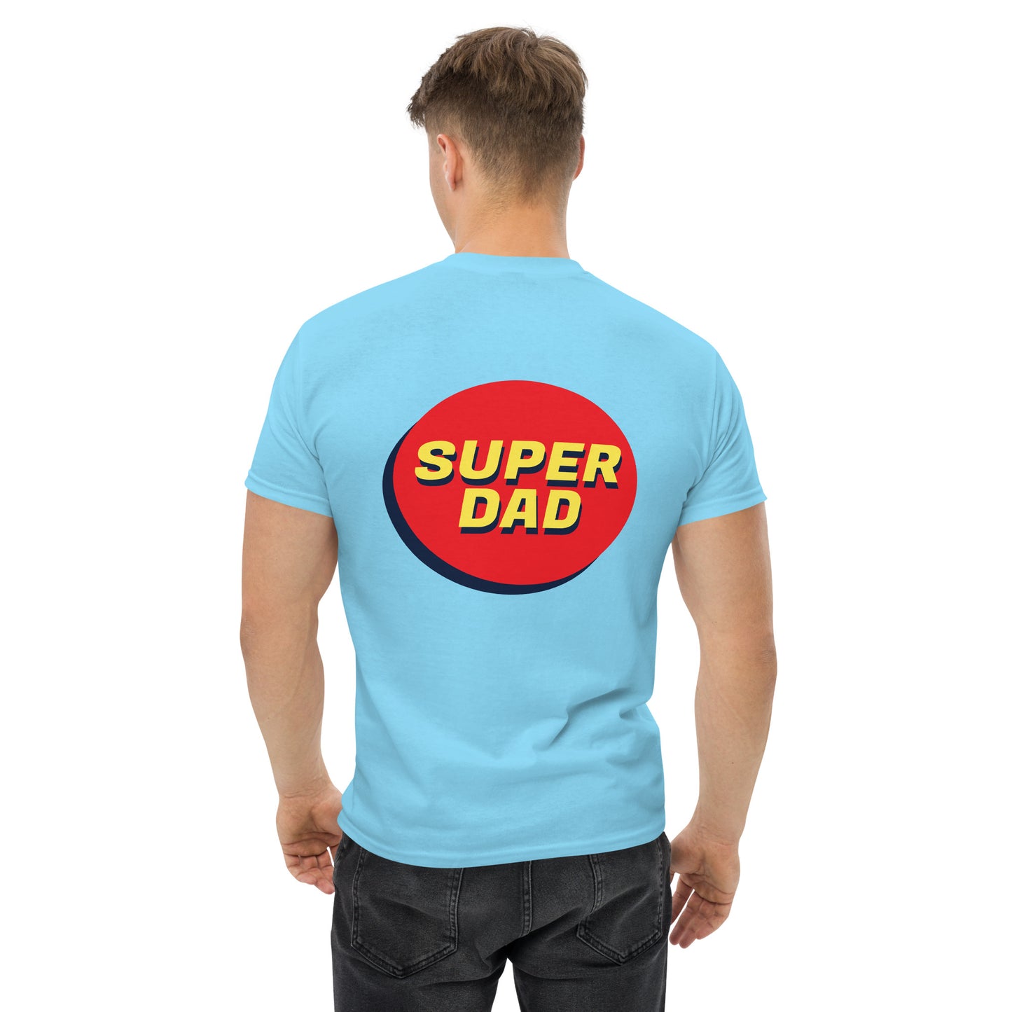 Men with sky blue T-shirt and Super dad on the back