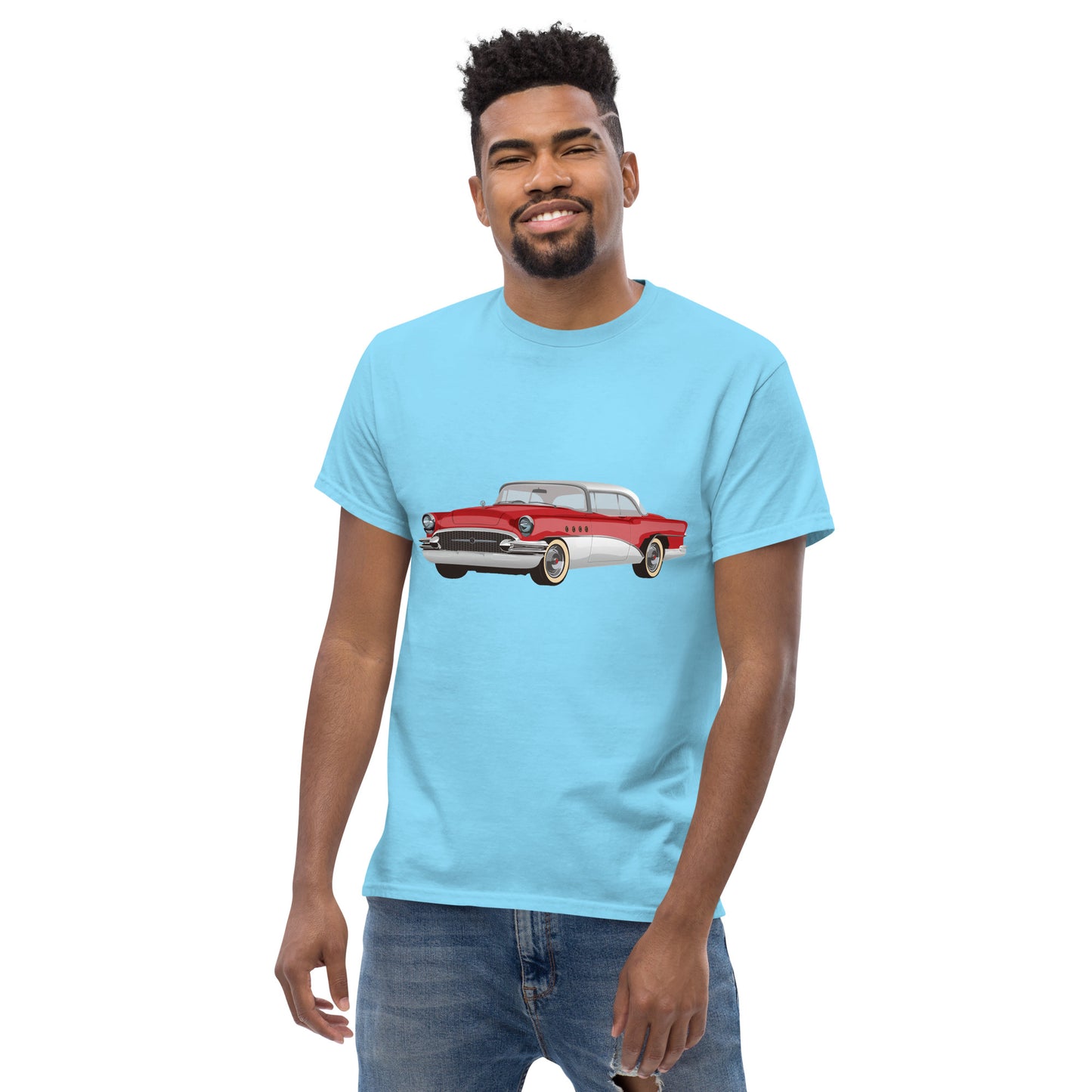 Men with sky blue t-shirt with red Chevrolet 