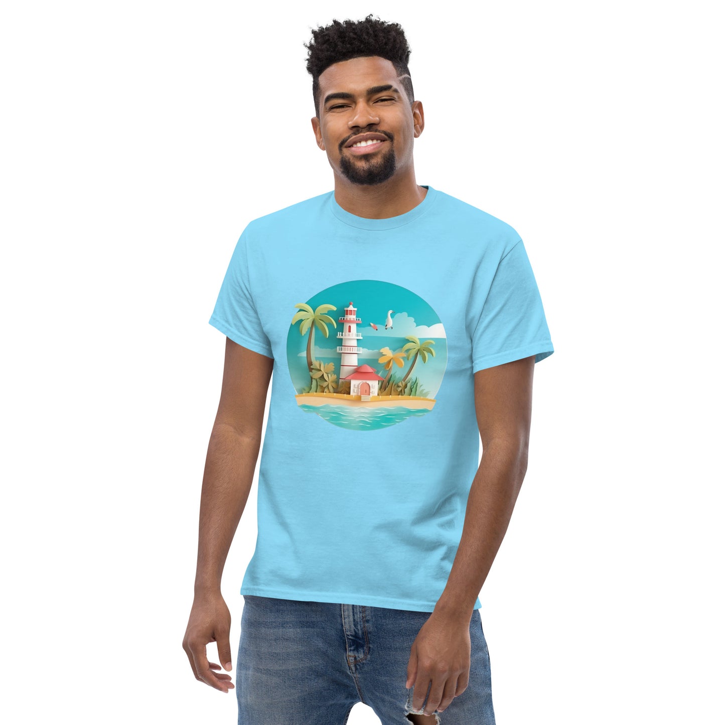 Man with sky blue t-shirt with picture of lighthouse and palm trees