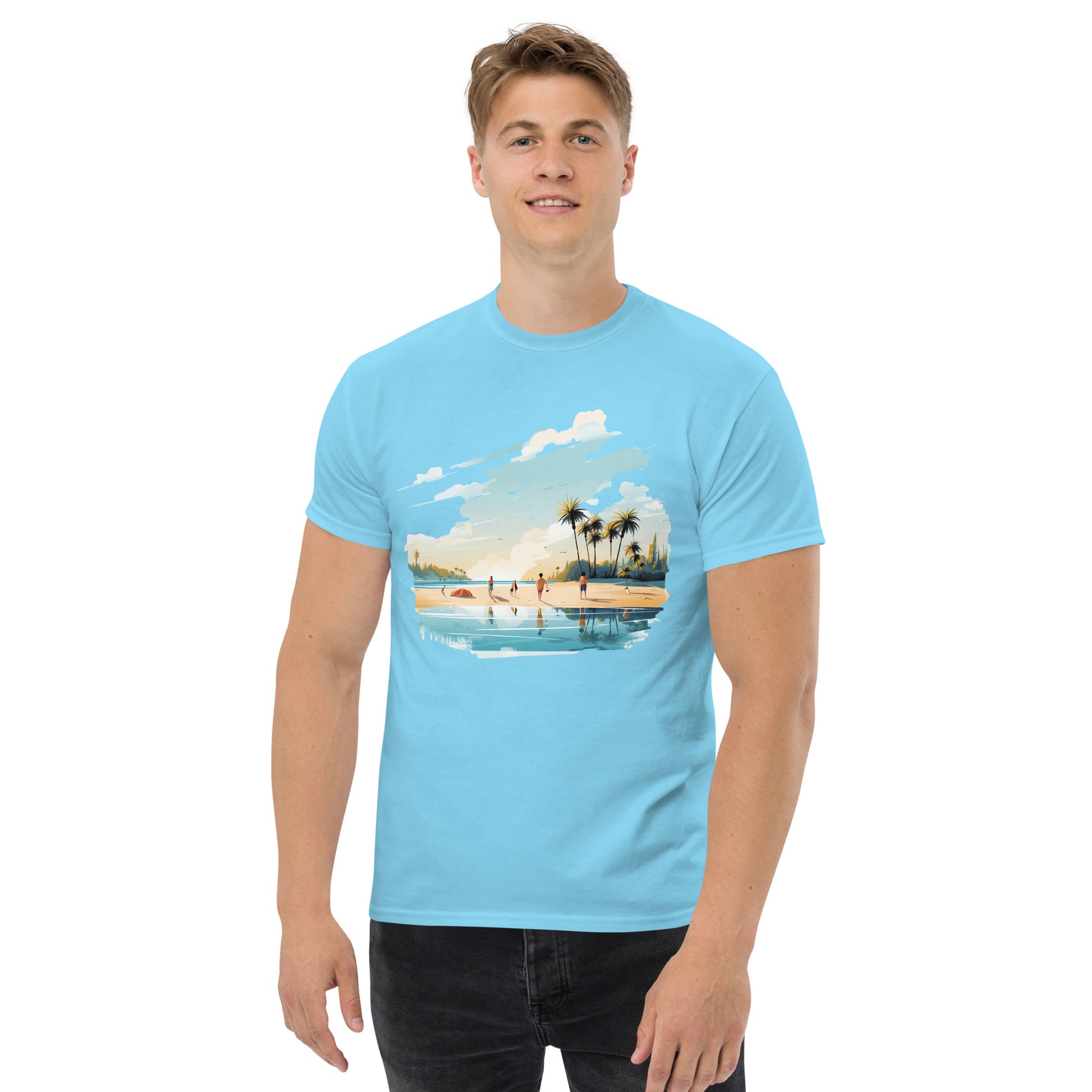 Men with sky blue T-shirt and a picture of a island with sea and sand