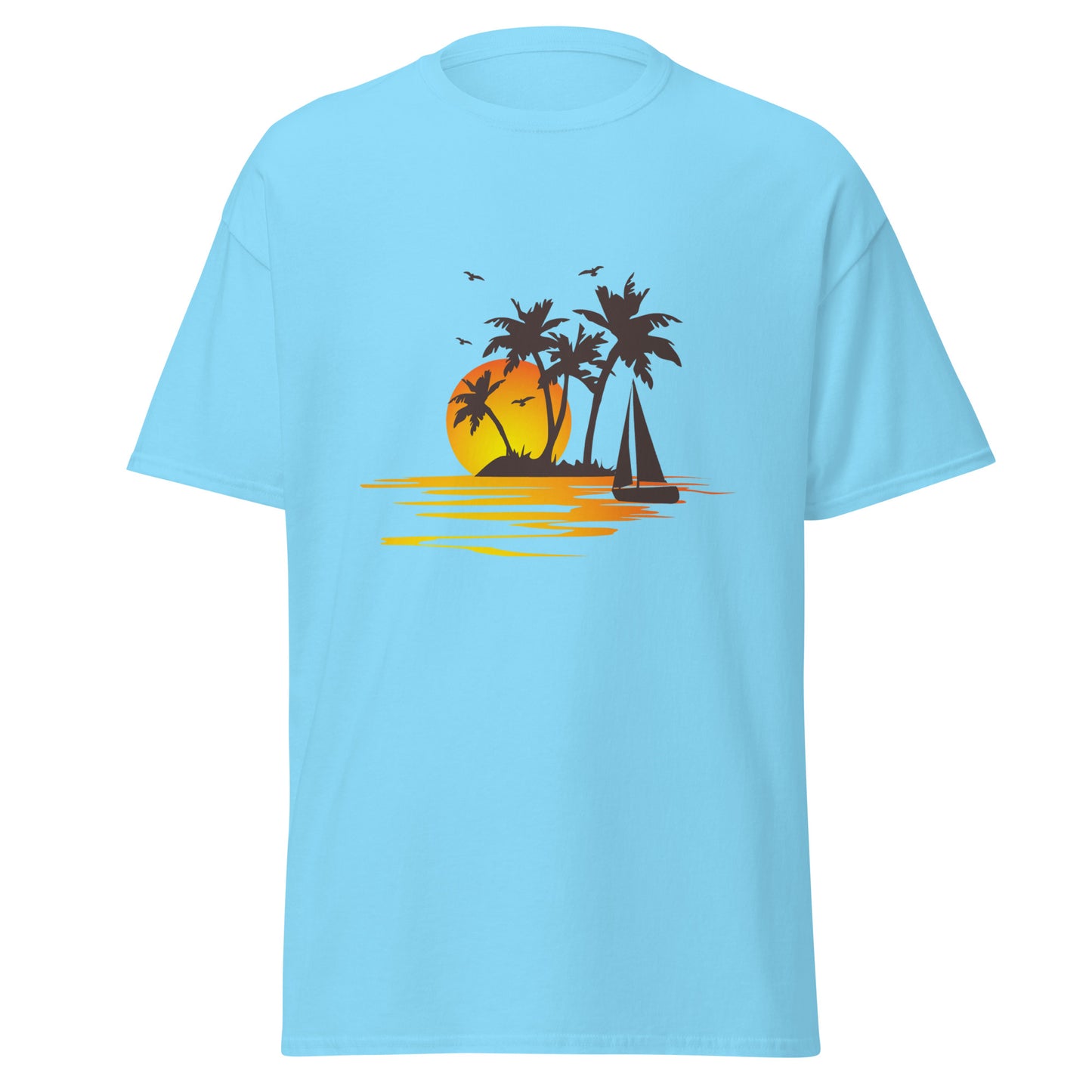 Sky blue T-shirt for men with a picture of sunset, palm trees and sailboat