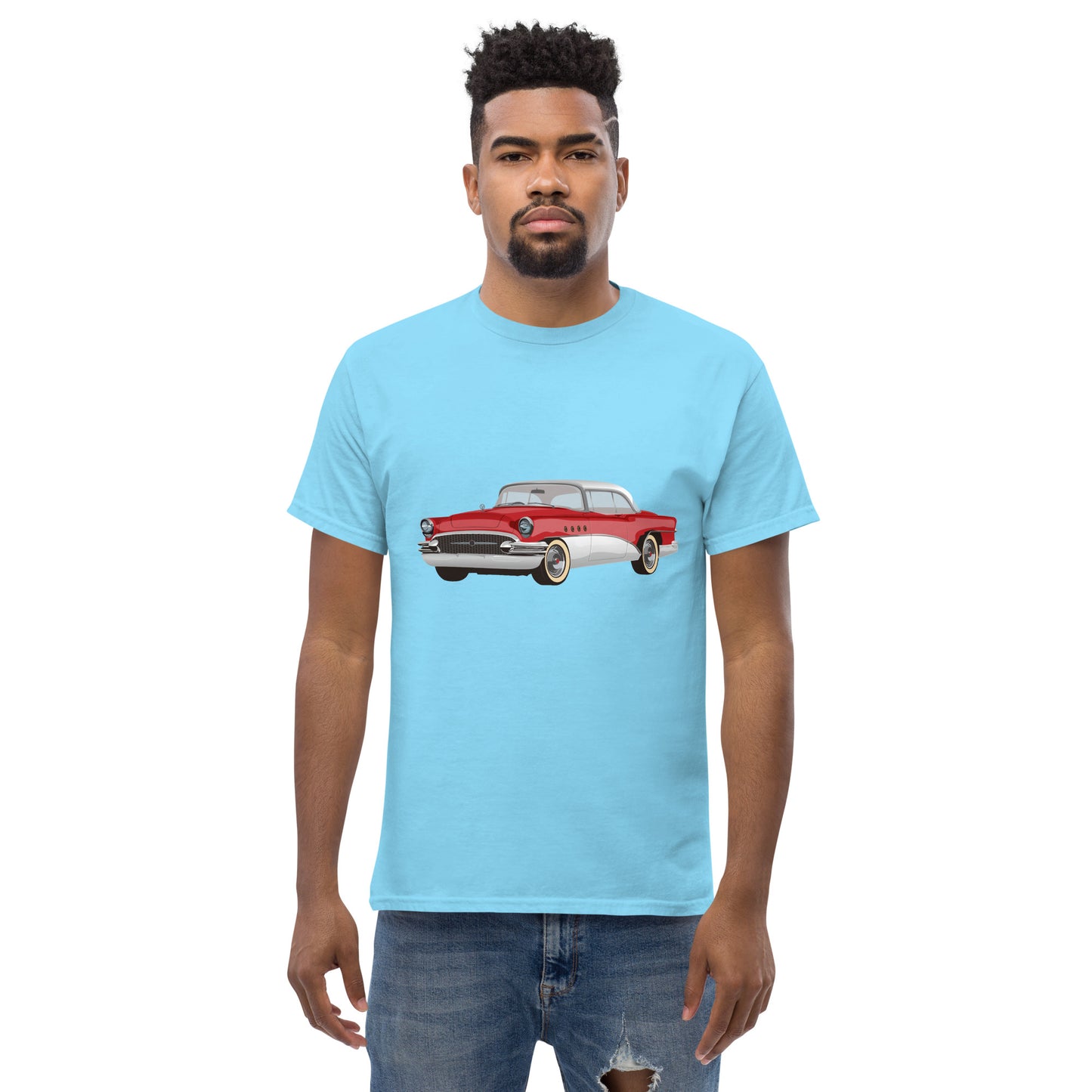 Men with sky blue t-shirt with red Chevrolet
