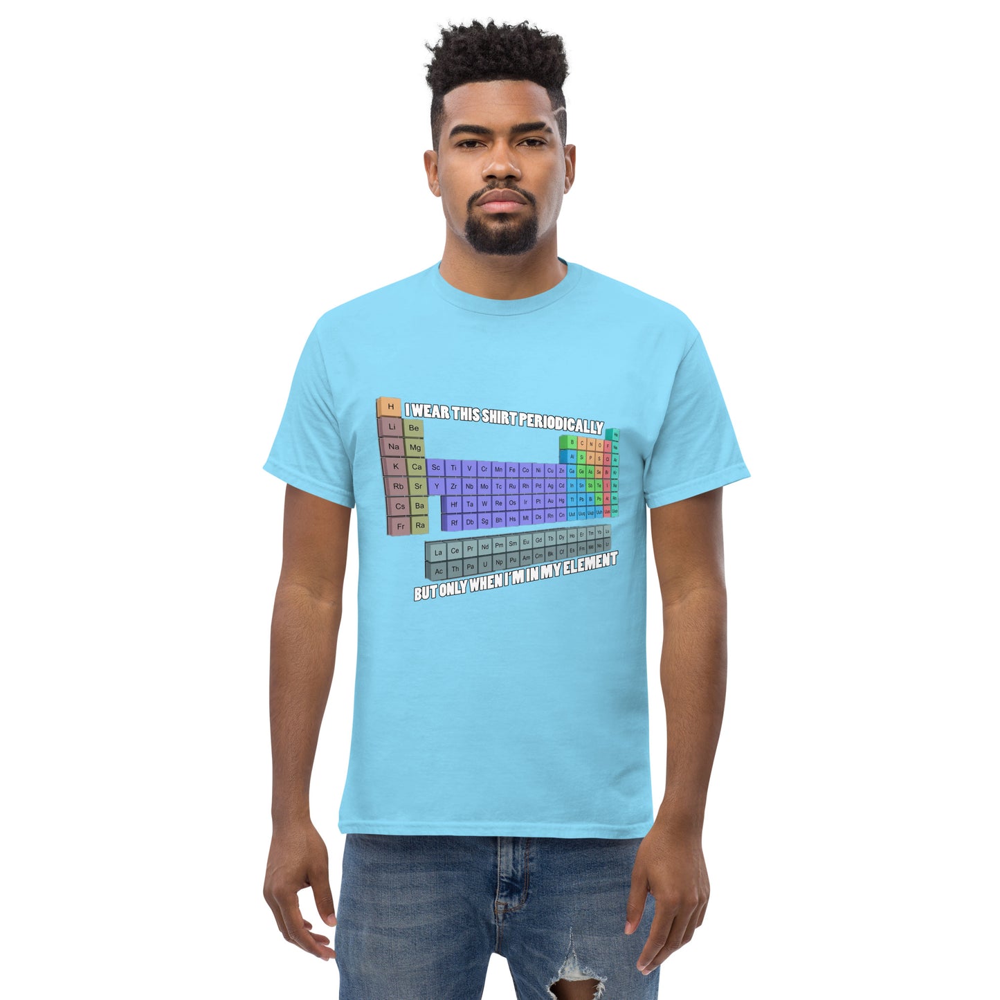 Man with sky blue t-shirt with Mendelev's table