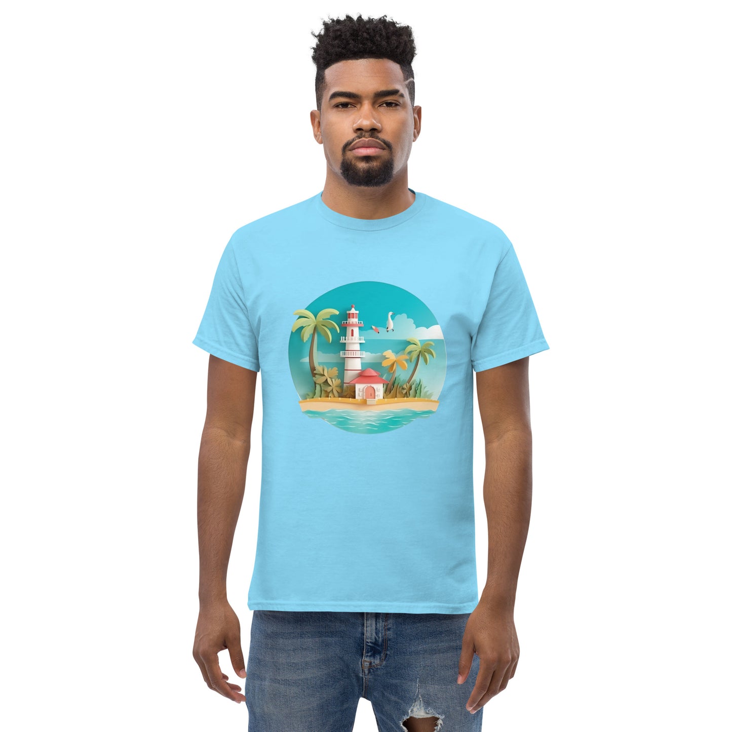 Man with sky blue t-shirt with picture of lighthouse and palm trees