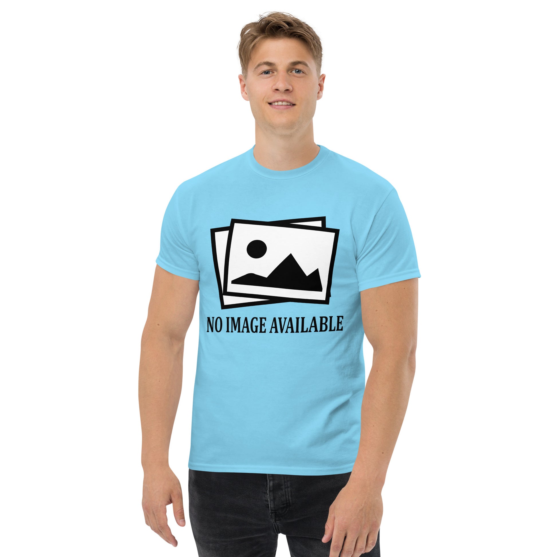 Men with sky blue t-shirt with image and text "no image available"