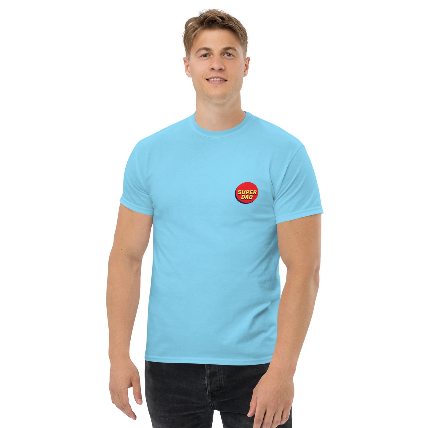 Men with sky blue T-shirt and Super dad logo on the front