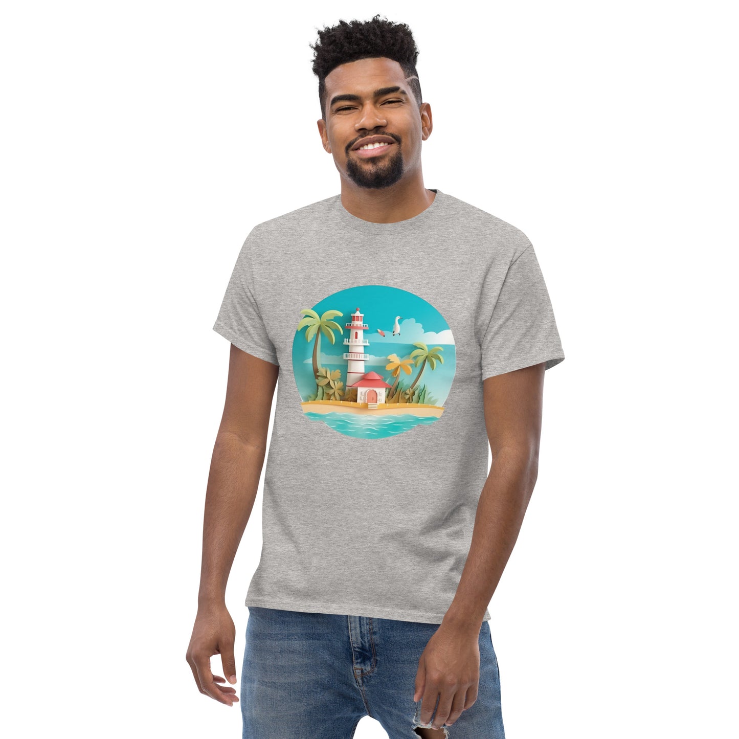 Man with grey t-shirt with picture of lighthouse and palm trees