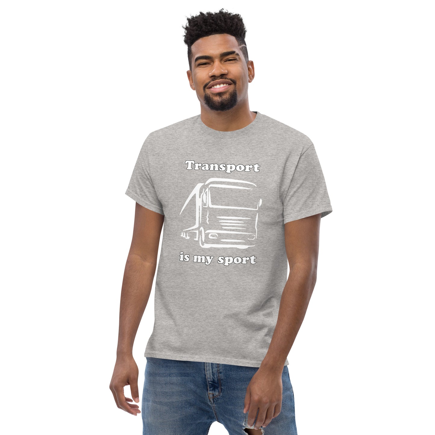 Man with grey t-shirt with picture of truck and text "Transport is my sport"