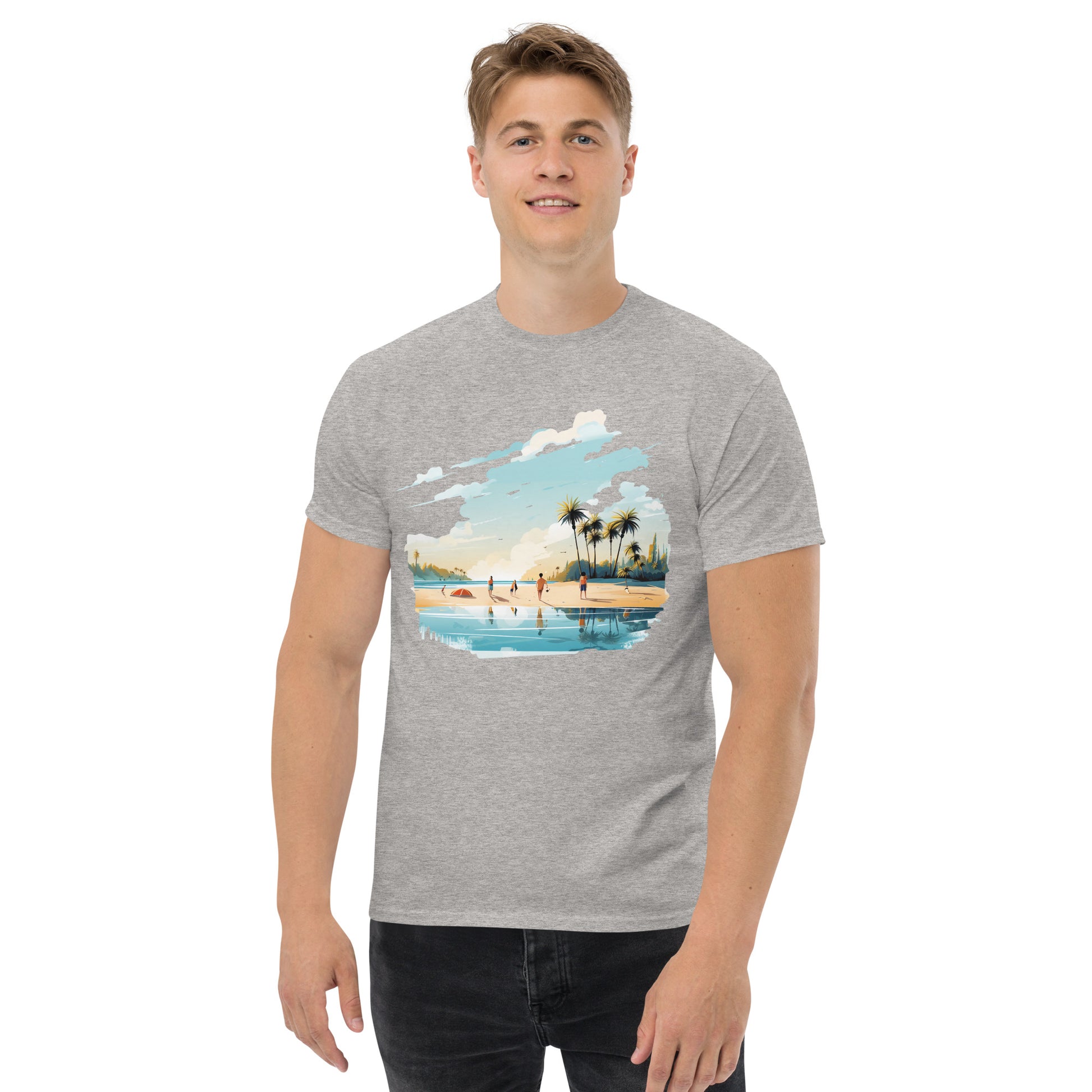 Men with sport grey T-shirt and a picture of a island with sea and sand