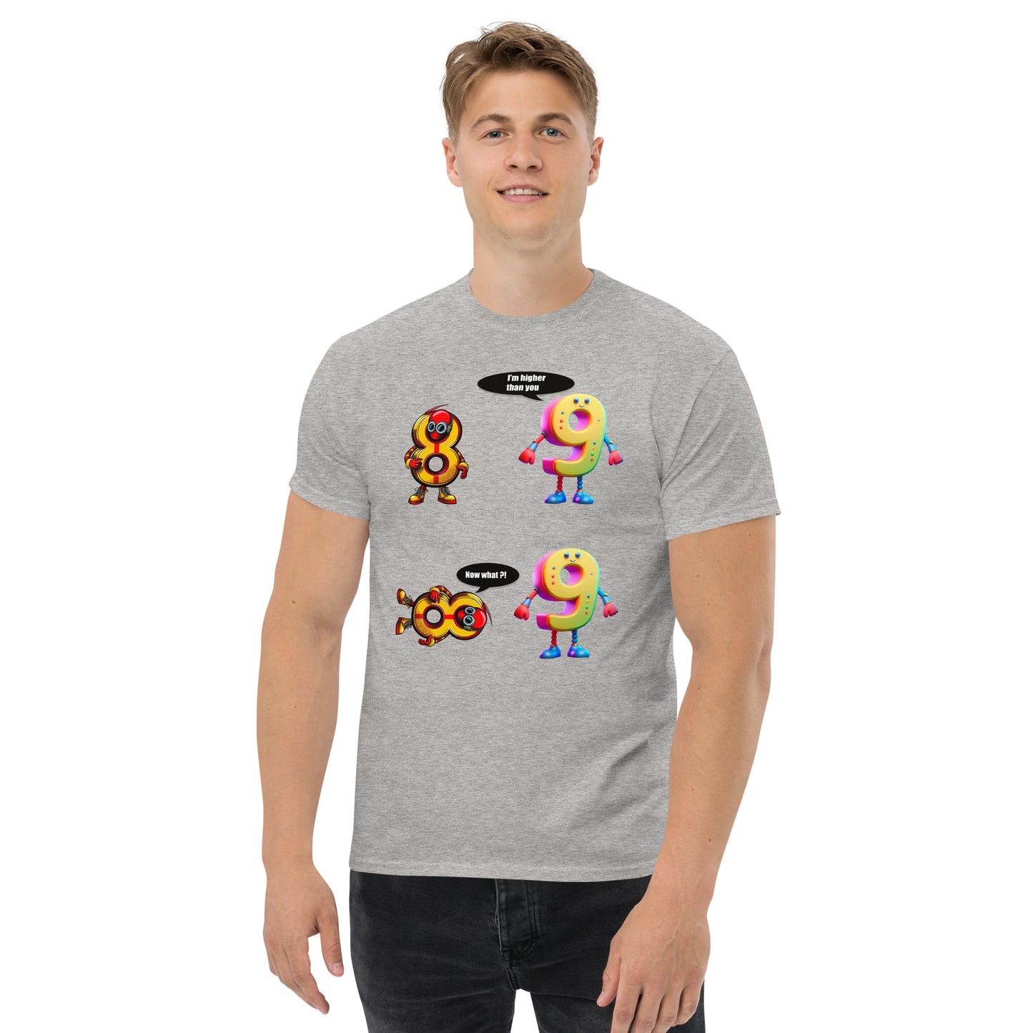 Man with grey t-shirt with picture of 8 and 9 having a discussion