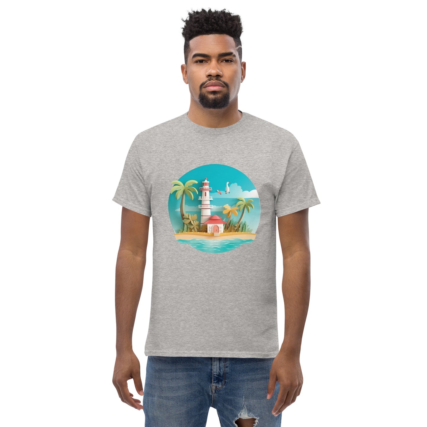 Man with grey t-shirt with picture of lighthouse and palm trees