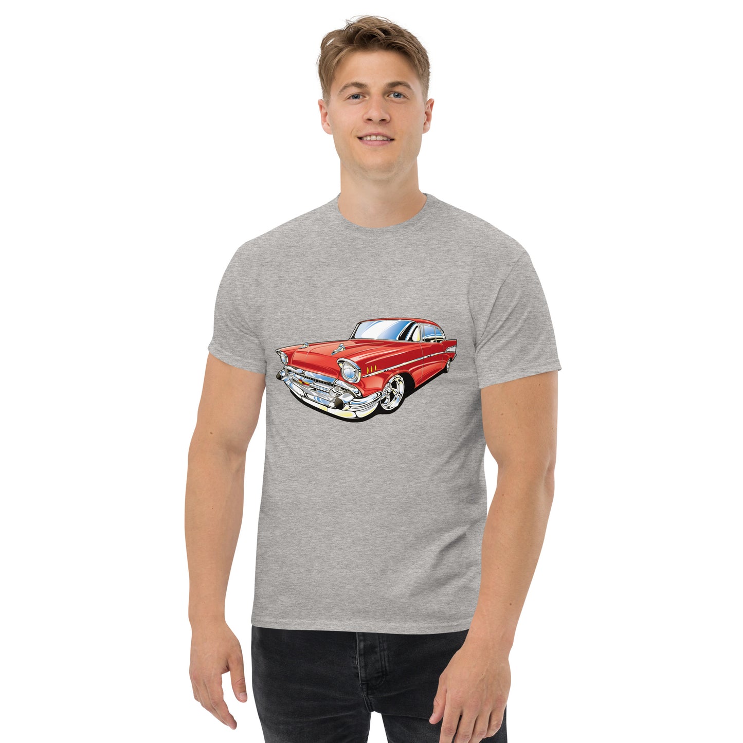 man with grey t-shirt with picture of red Chevrolet Bell air