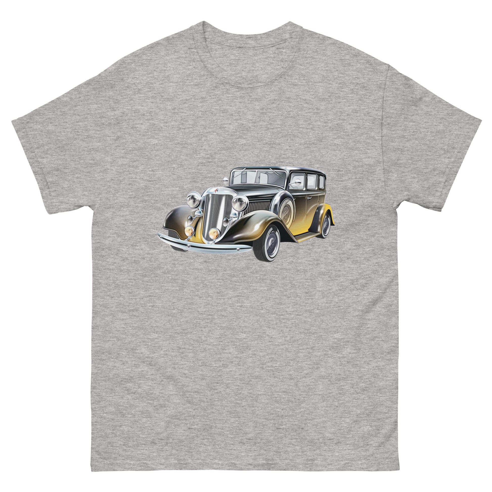 grey t-shirt with picture of vintage car