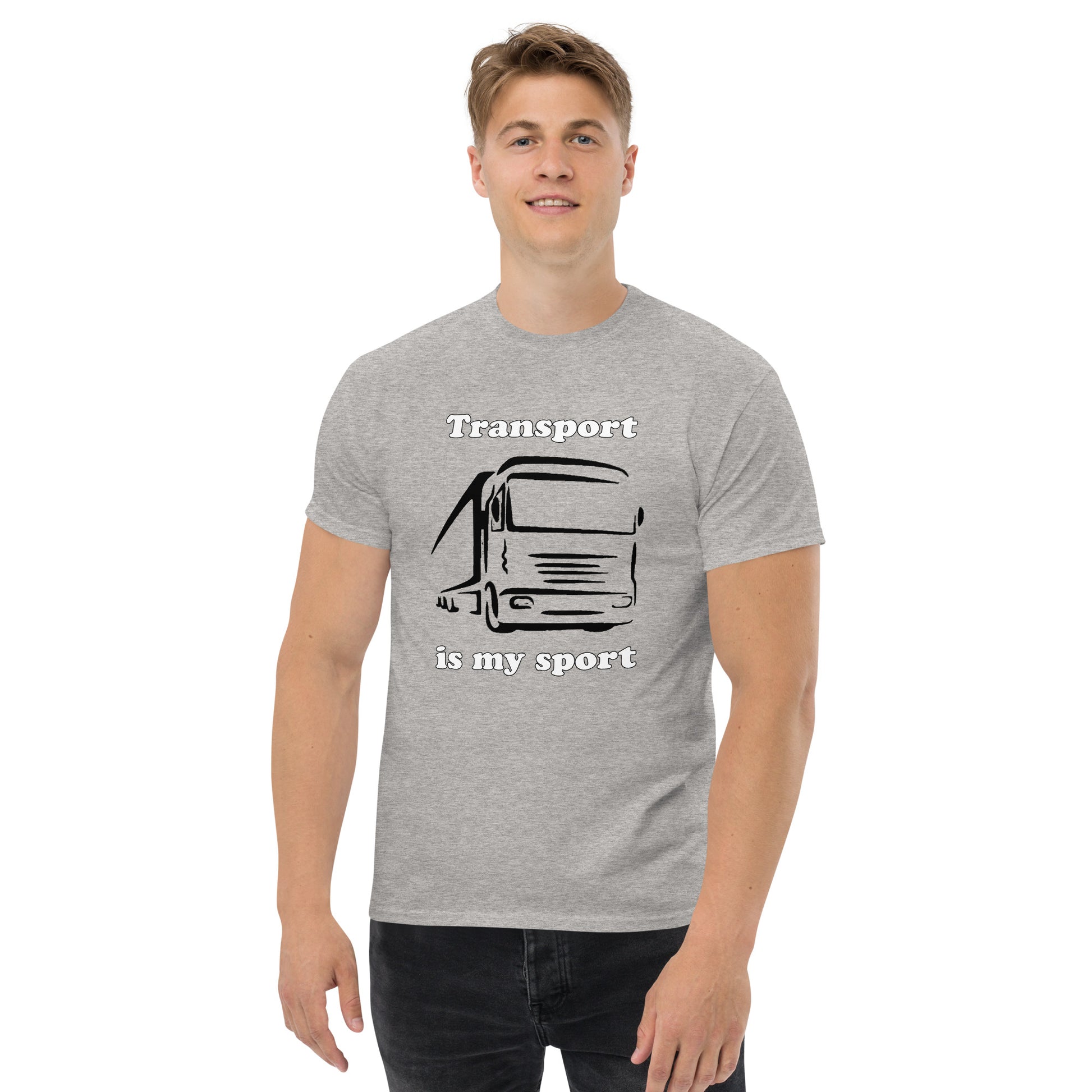 Man with grey t-shirt with picture of truck and text "Transport is my sport"