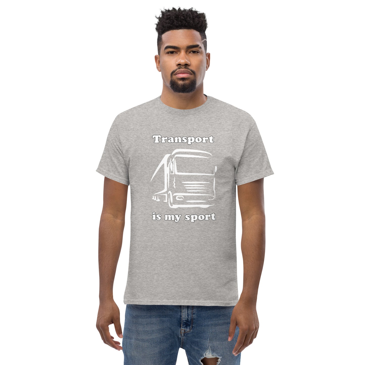 Man with grey t-shirt with picture of truck and text "Transport is my sport"