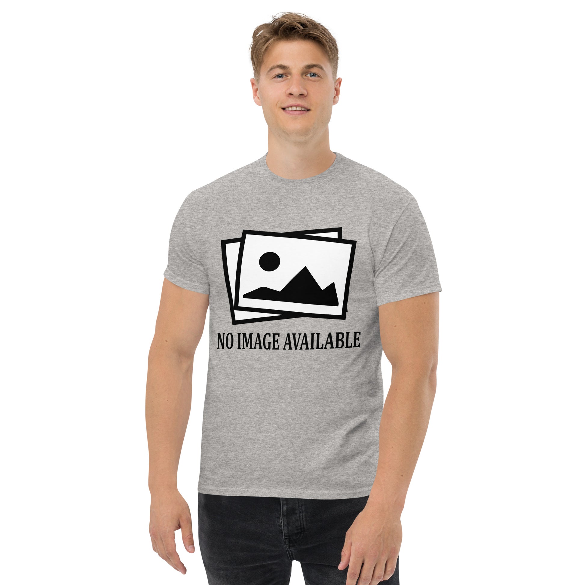 Men with grey t-shirt with image and text "no image available"