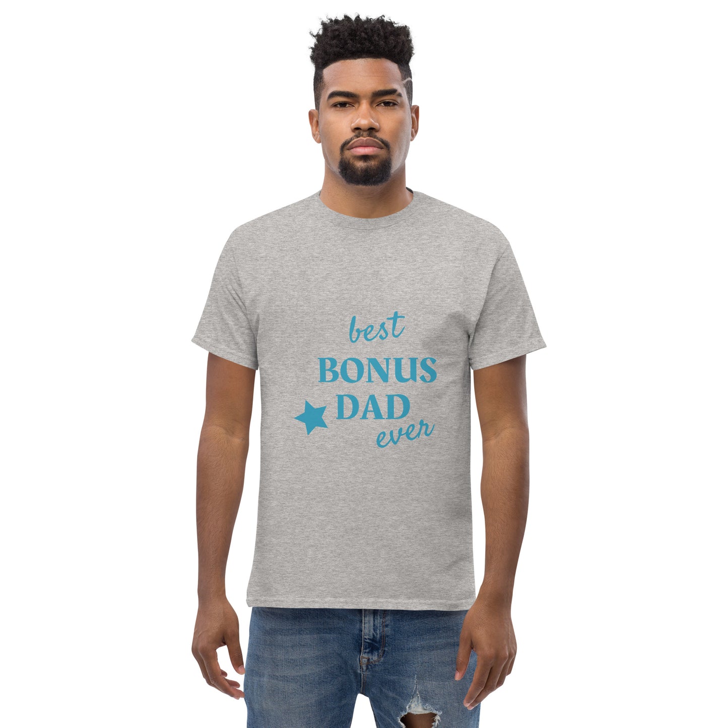 Men with sport grey t-shirt with text "best BONUS DAD ever"