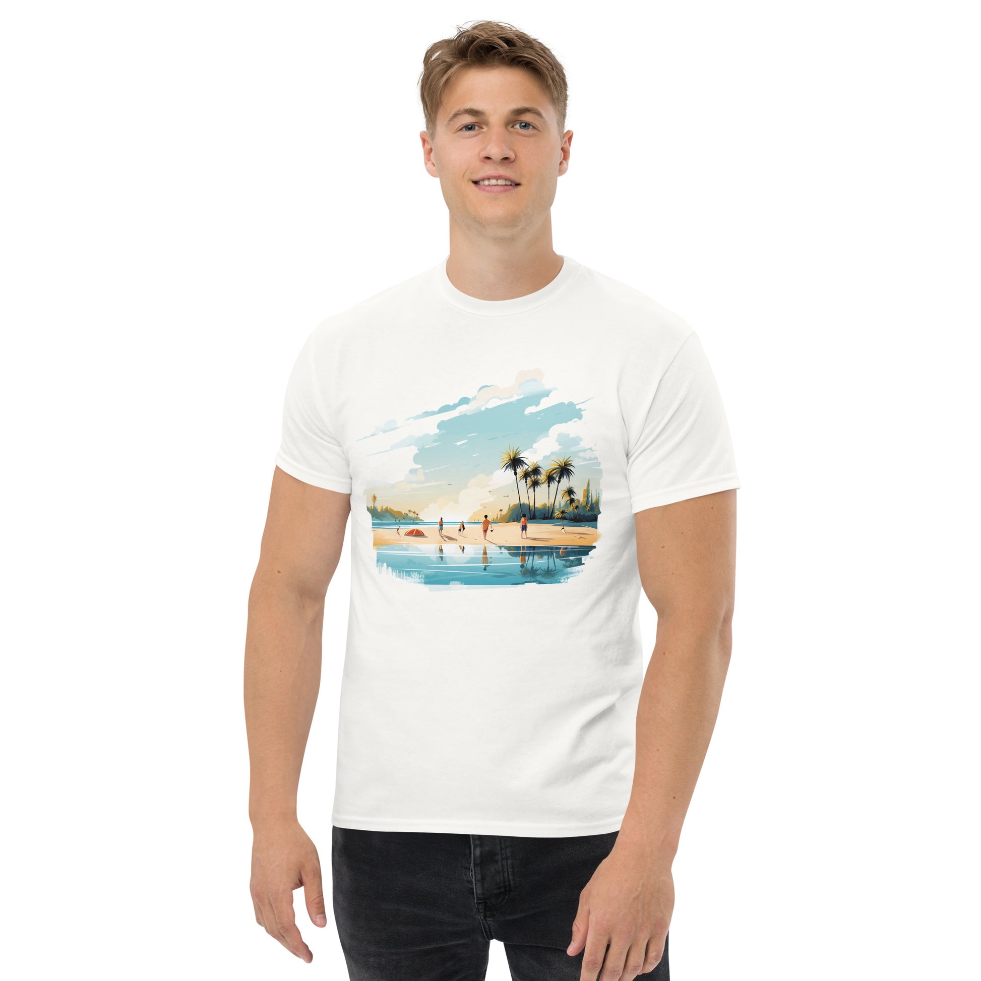 Men with white T-shirt and a picture of a island with sea and sand