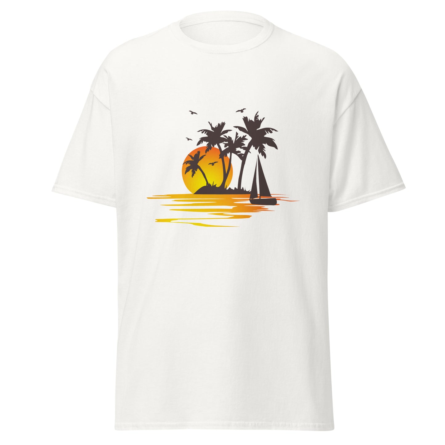 White T-shirt for men with a picture of sunset, palm trees and sailboat