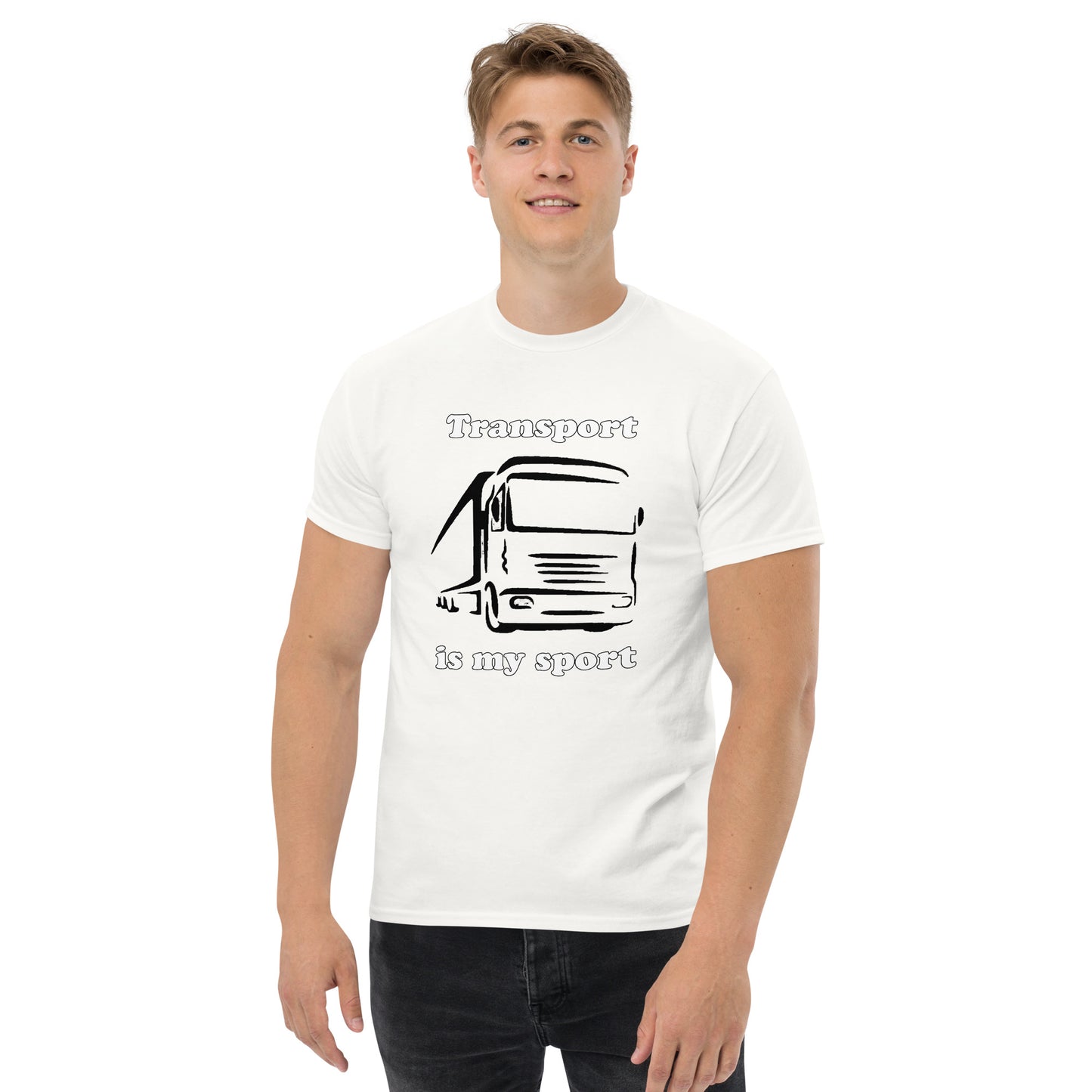 Man with white t-shirt with picture of truck and text "Transport is my sport"