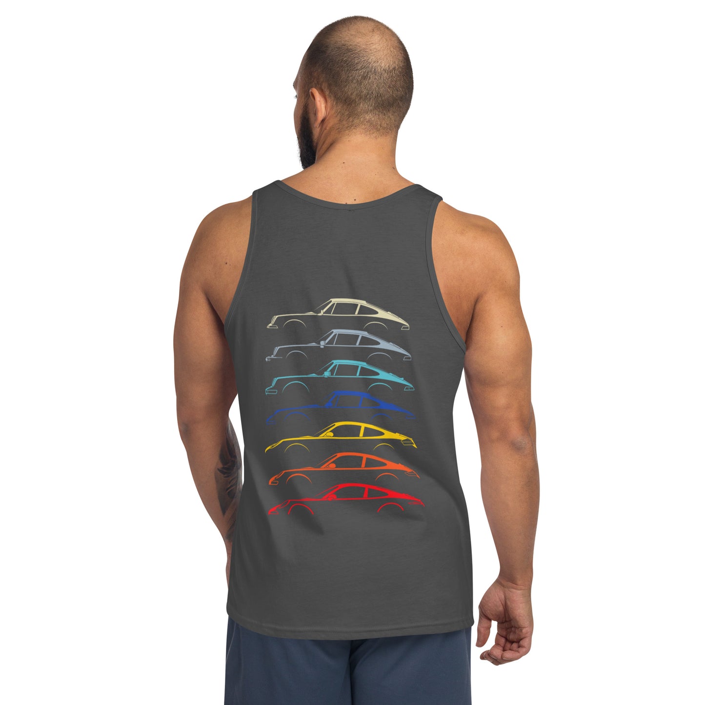 Asphalt tank top with car silouttes on the back