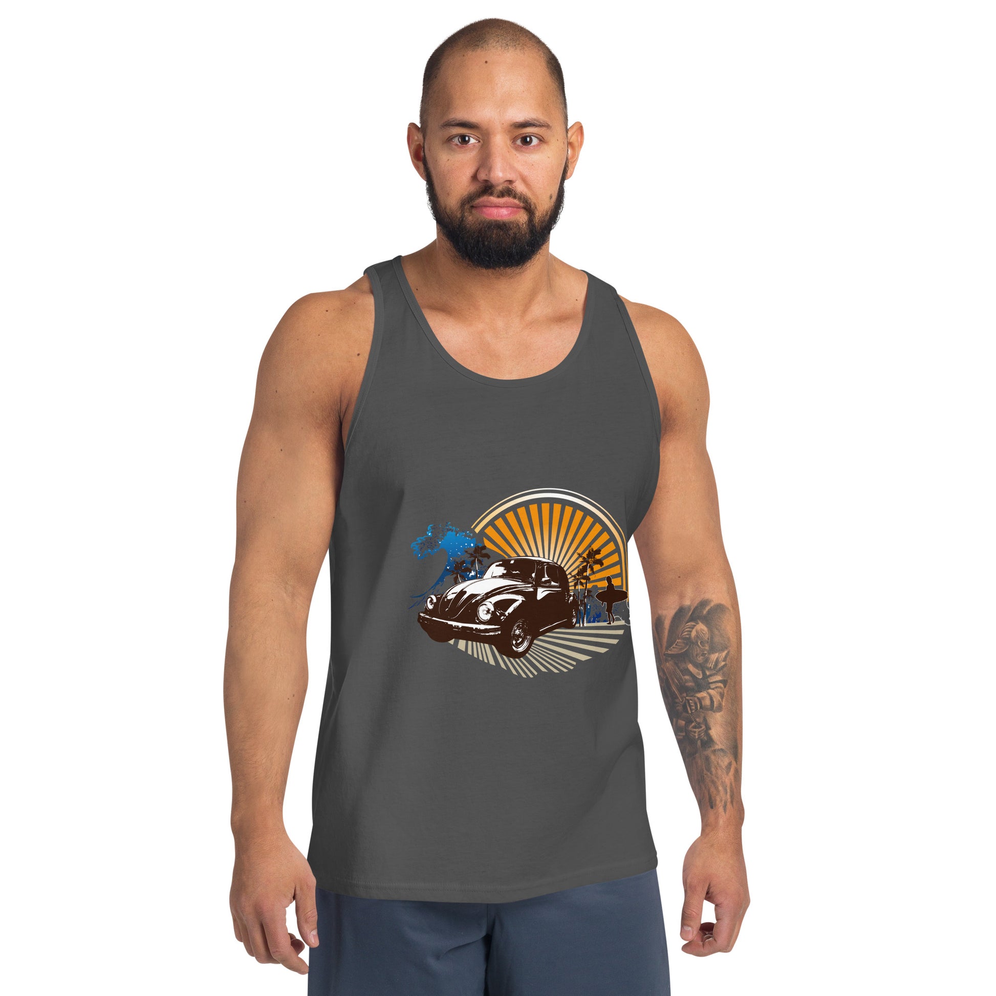 Men with grey tank top with sunset and beetle car