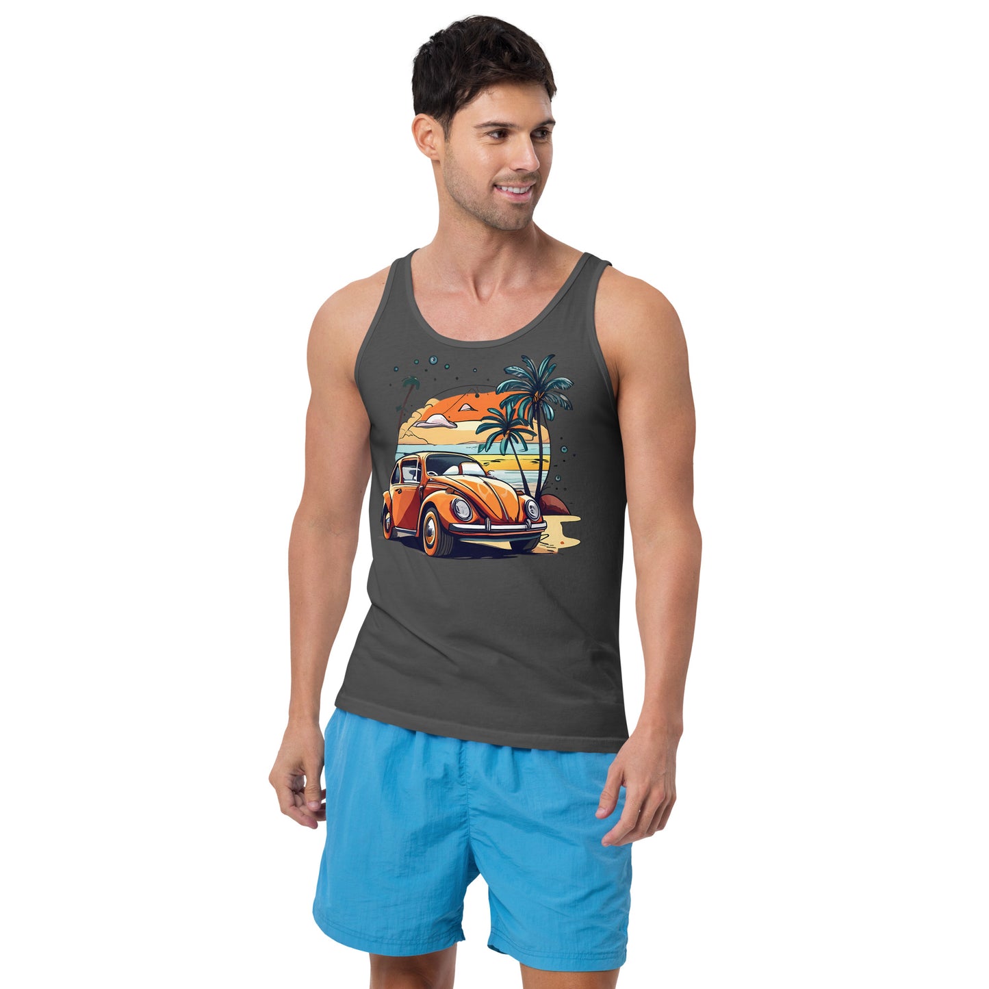 man with grey tank top with picture of beetle car in front of palm trees