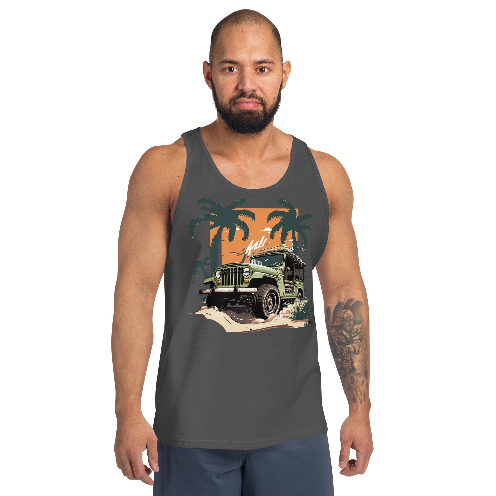 man with grey tank top with picture of jeep in front of palm trees 