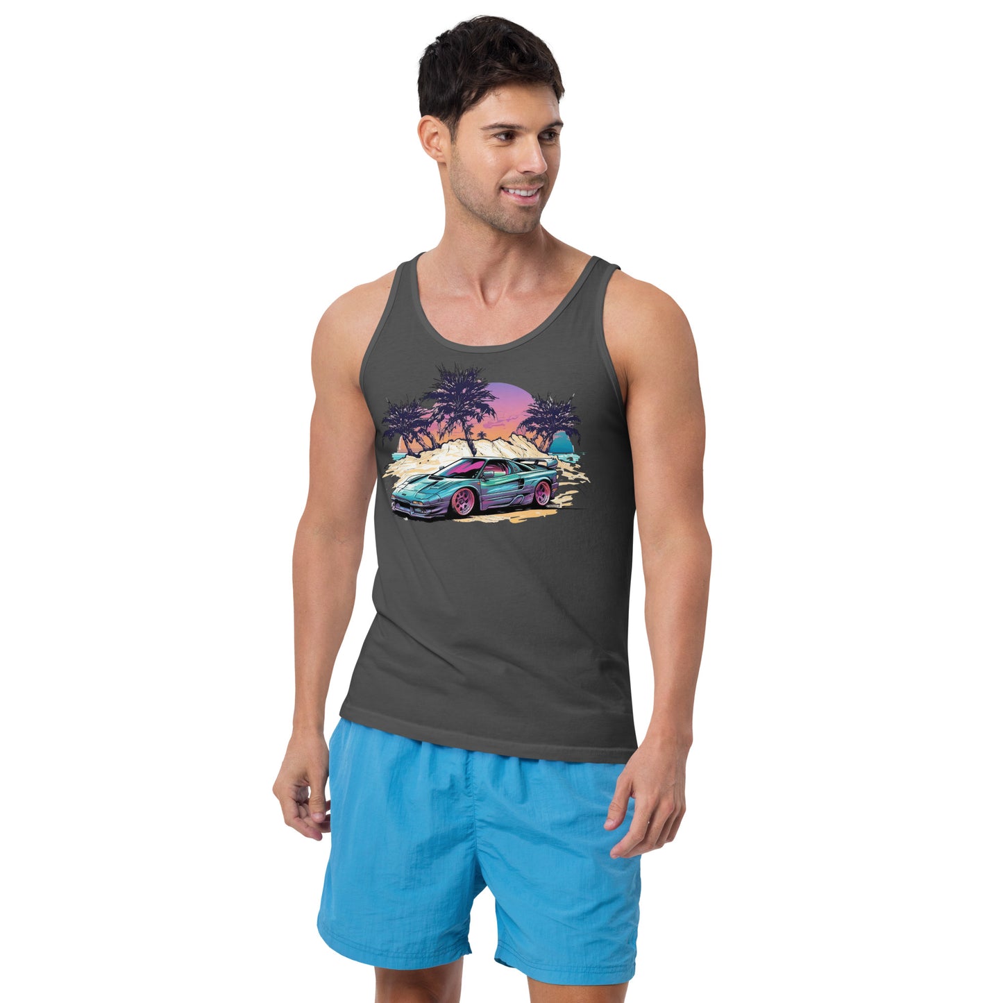 man with grey tank top with picture of vintage car in front of palm trees